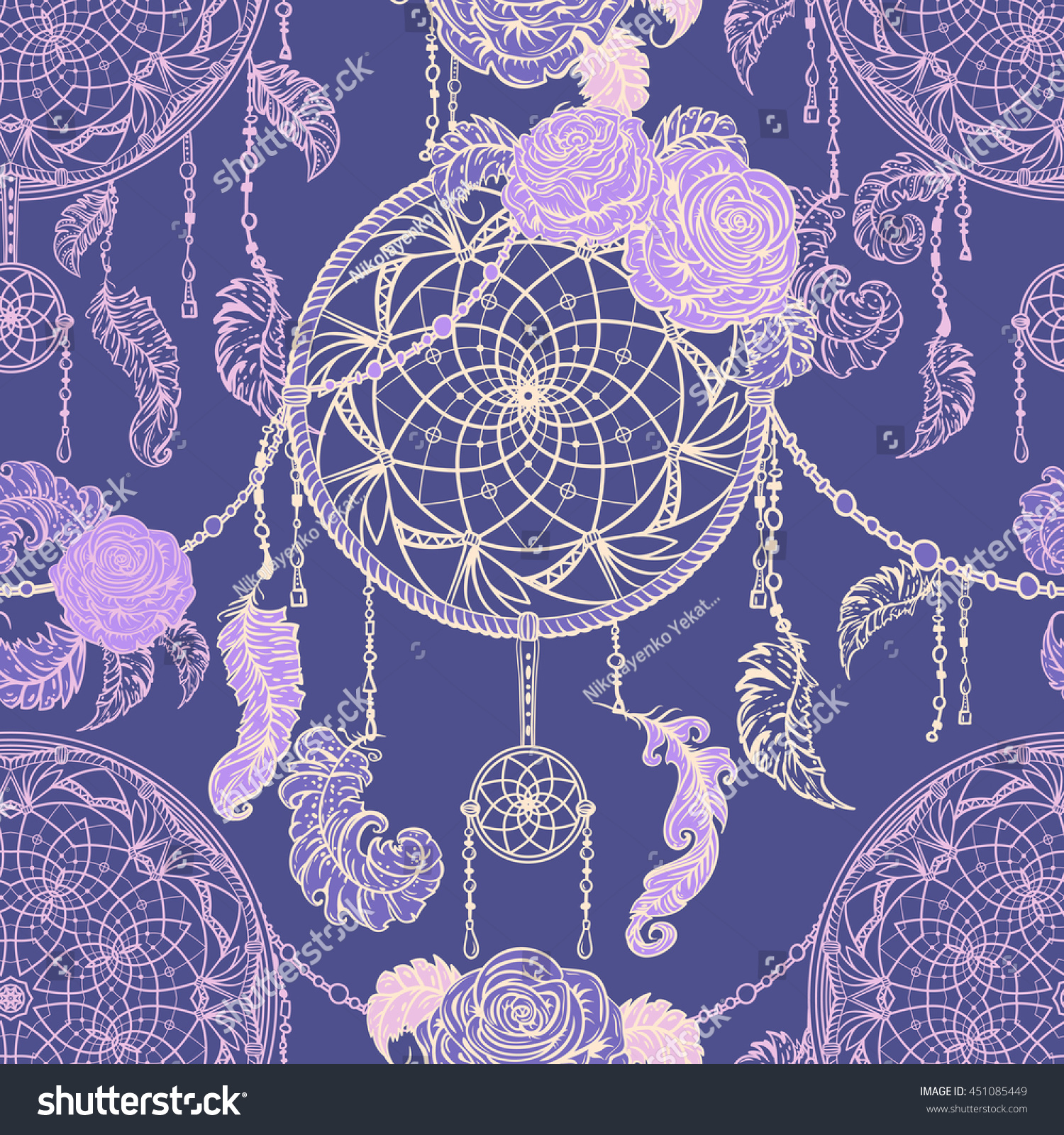 SVG of Seamless pattern with dream catcher, roses, leaves and feathers. Colorful hand drawn vector illustration in boho style. Design concept for retro banner, card, scrap booking, t-shirt, print, poster. svg