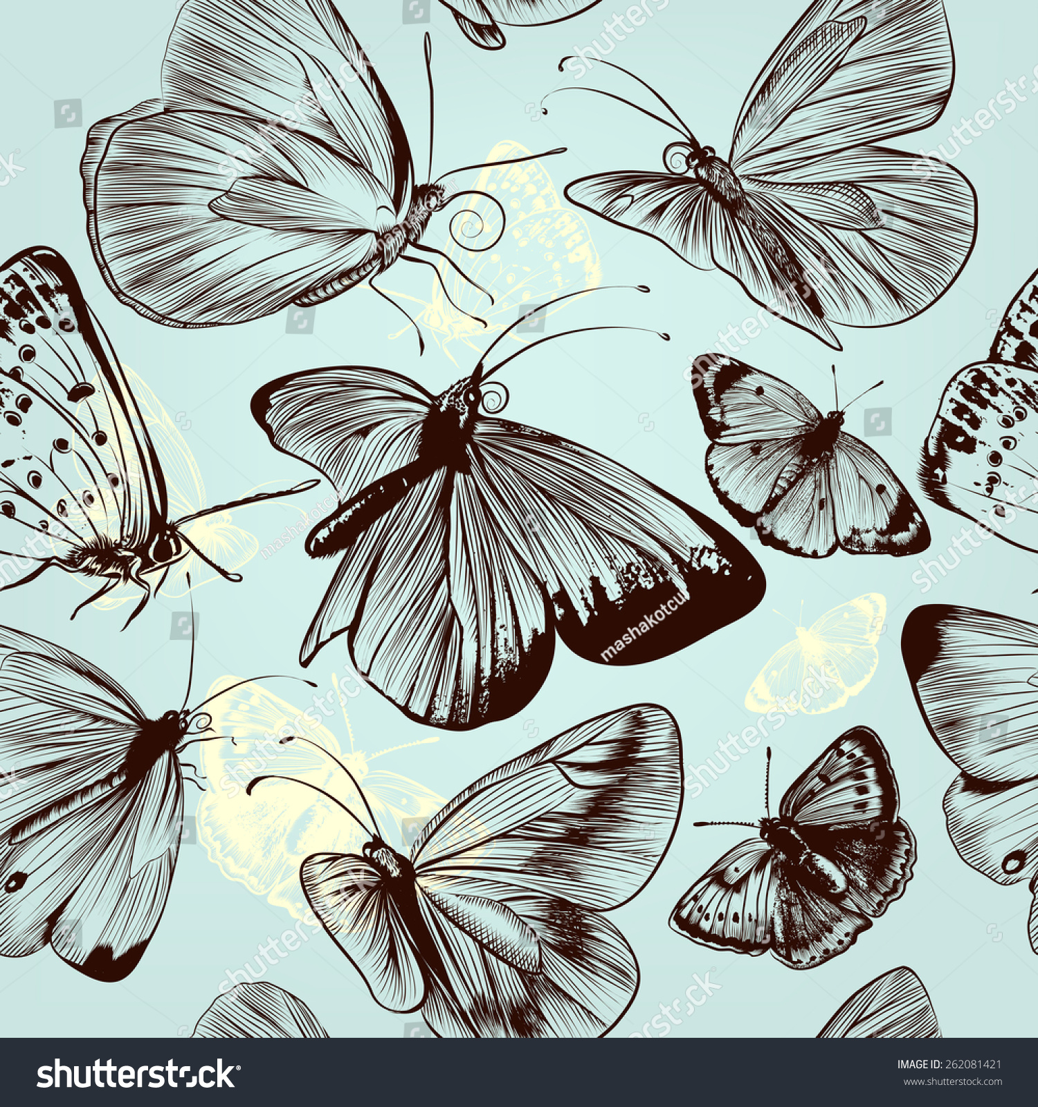 Seamless Pattern With Engraved Butterflies In Vintage Style Stock ...