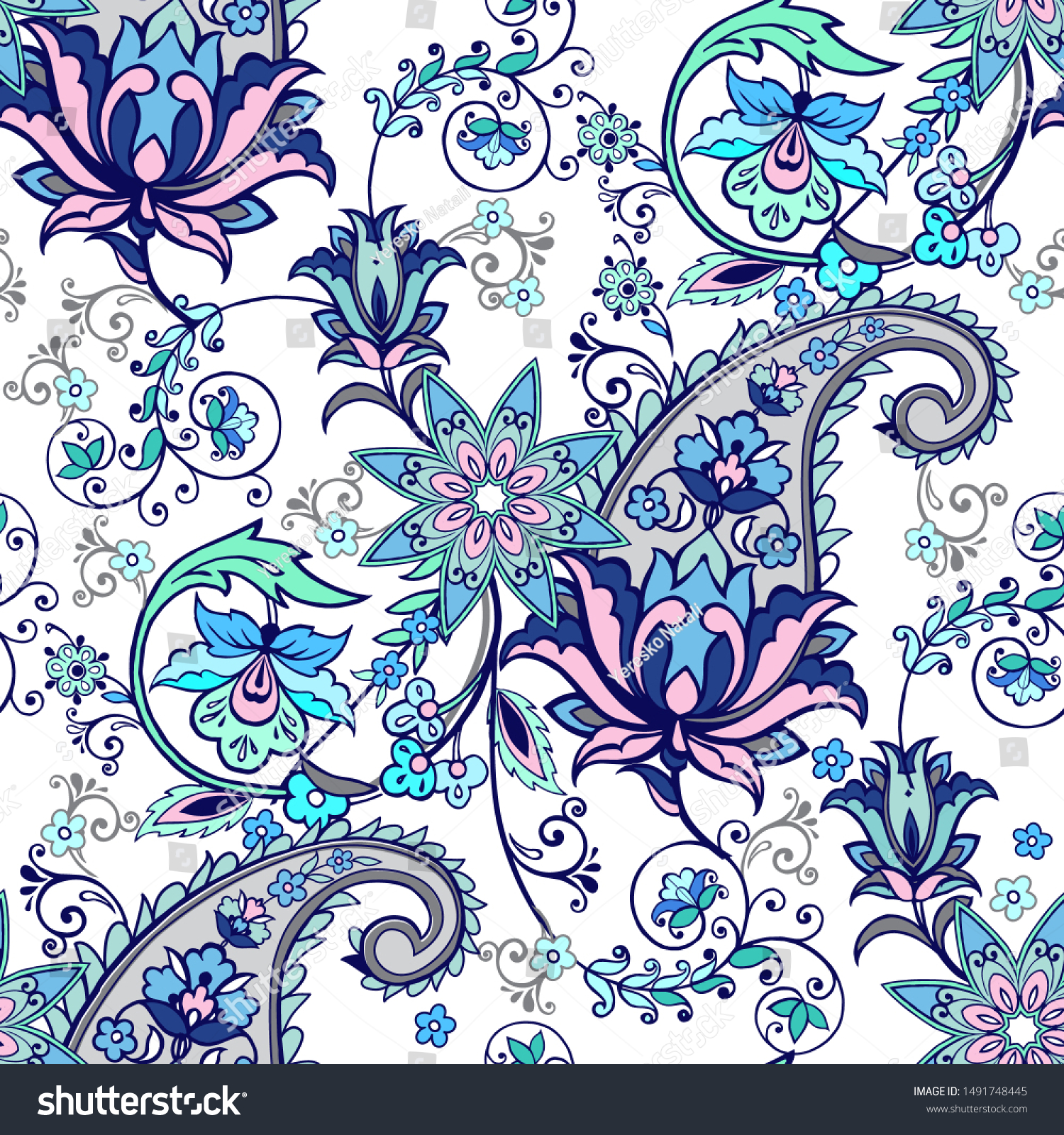 空想の花とシームレスな柄 ペイズリー 花柄の壁紙 織物 織物 包み紙の装飾品 藍色の伝統的なペイズリー柄 のベクター画像素材 ロイヤリティフリー