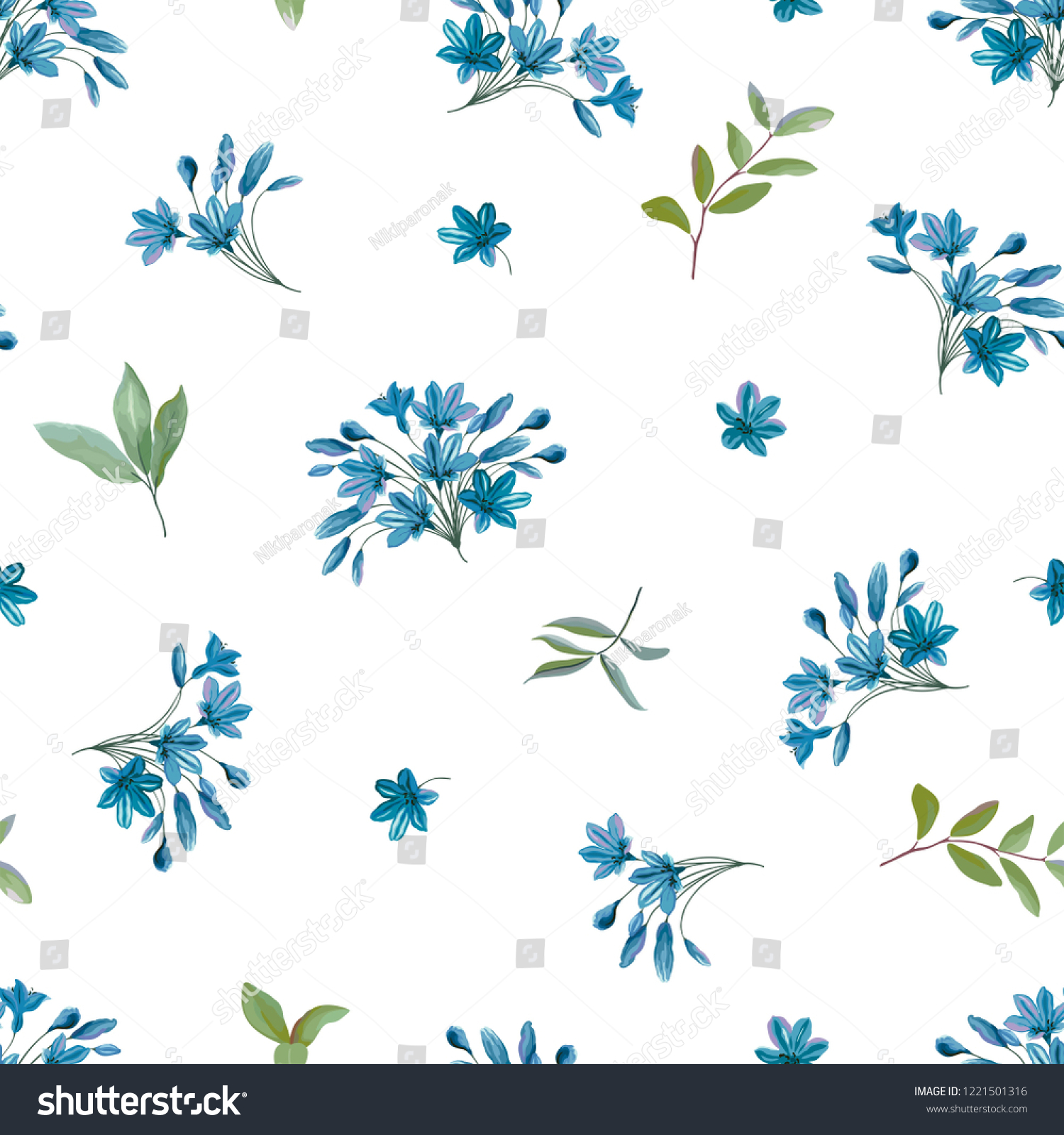 SVG of Seamless pattern with flowers blue Agapanthus, green leaves and branches. Floral design on white background. Vector illustration in vintage rustic style. svg