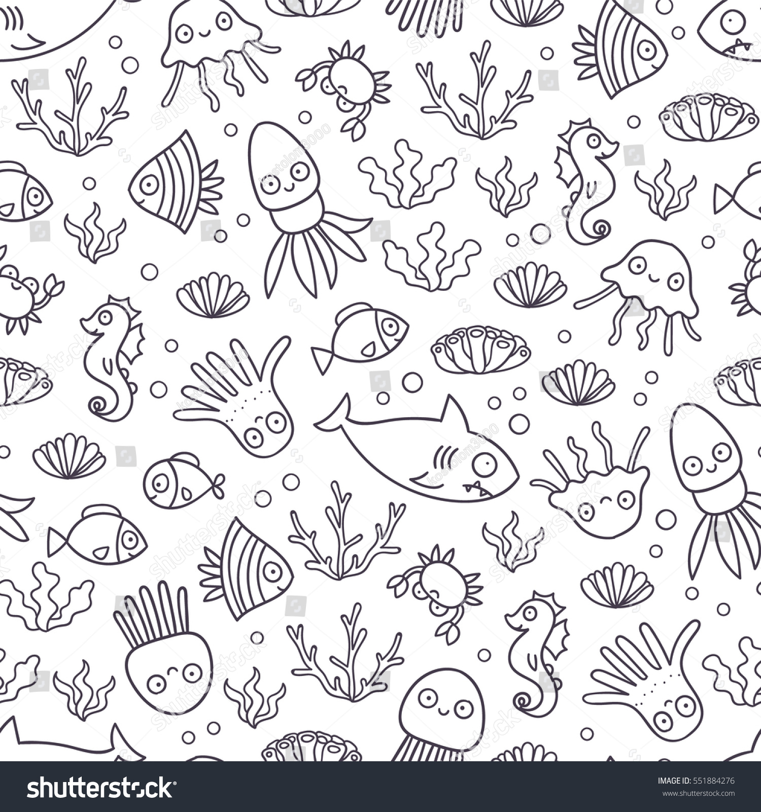 おかしな漫画の魚 カニ タコ ゼリーフィッシュ シームレスな模様 デザイン 布地の繊維 壁紙 または包装紙の背景にタイルを使用します 可愛い落書き動物 のベクター画像素材 ロイヤリティフリー