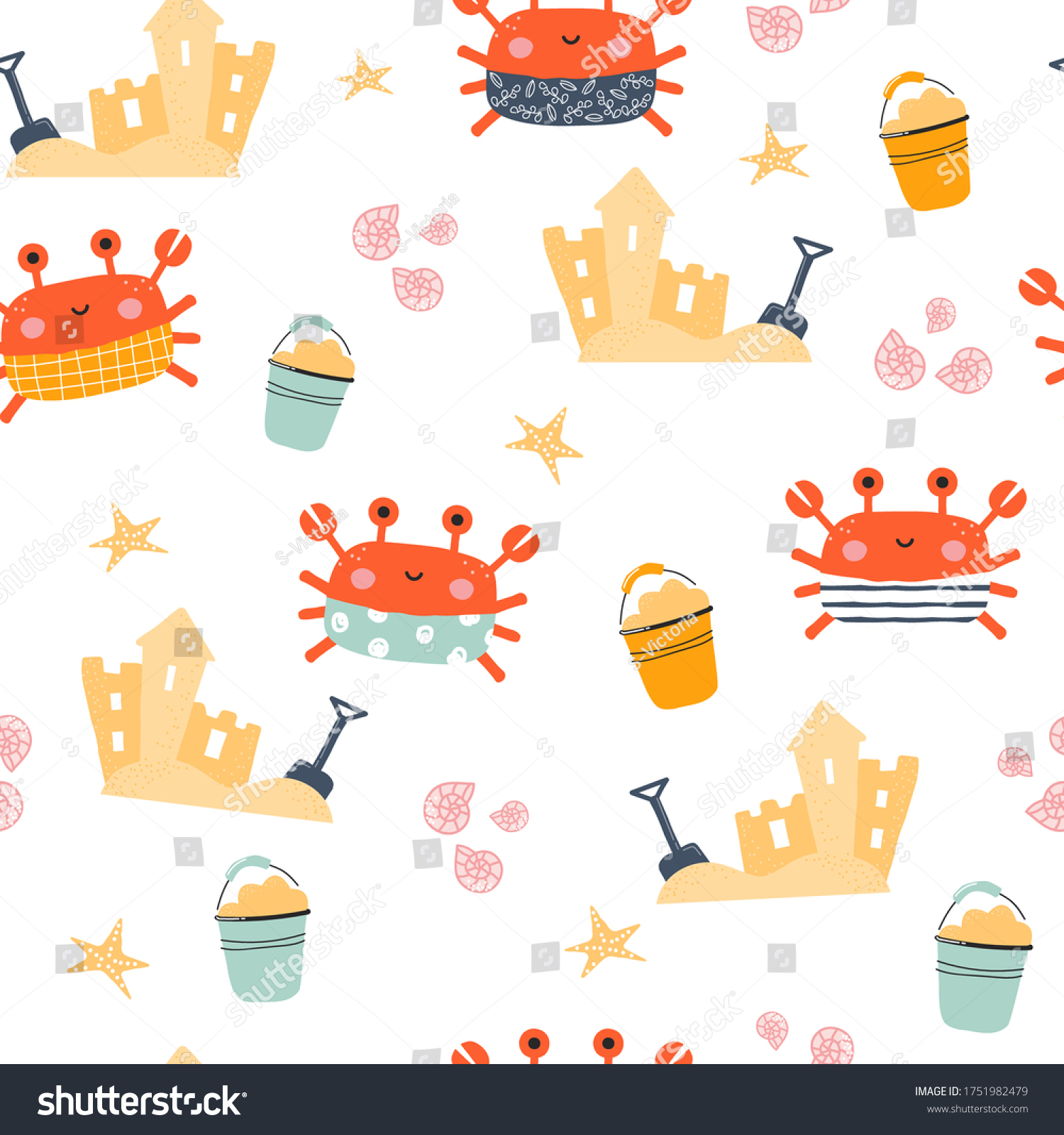 SVG of Seamless pattern with funny crab and sand castle. Childish summer print. Vector hand drawn illustration. svg