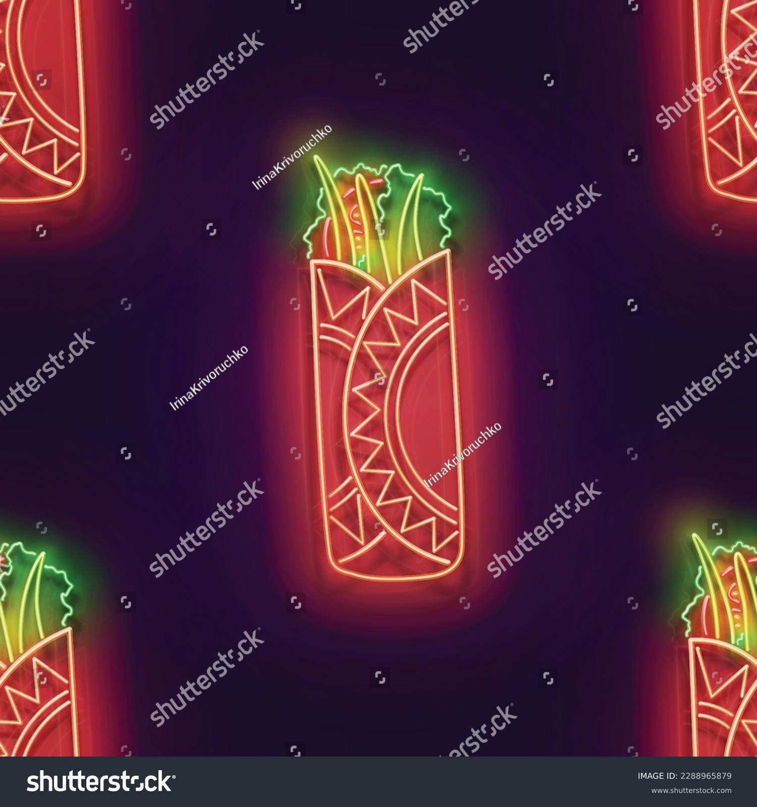 SVG of Seamless pattern with glow Mexican chimichanga. Traditional ethnic food, appetizer. Neon Light Texture, Signboard. Glossy Background. Vector 3d Illustration  svg