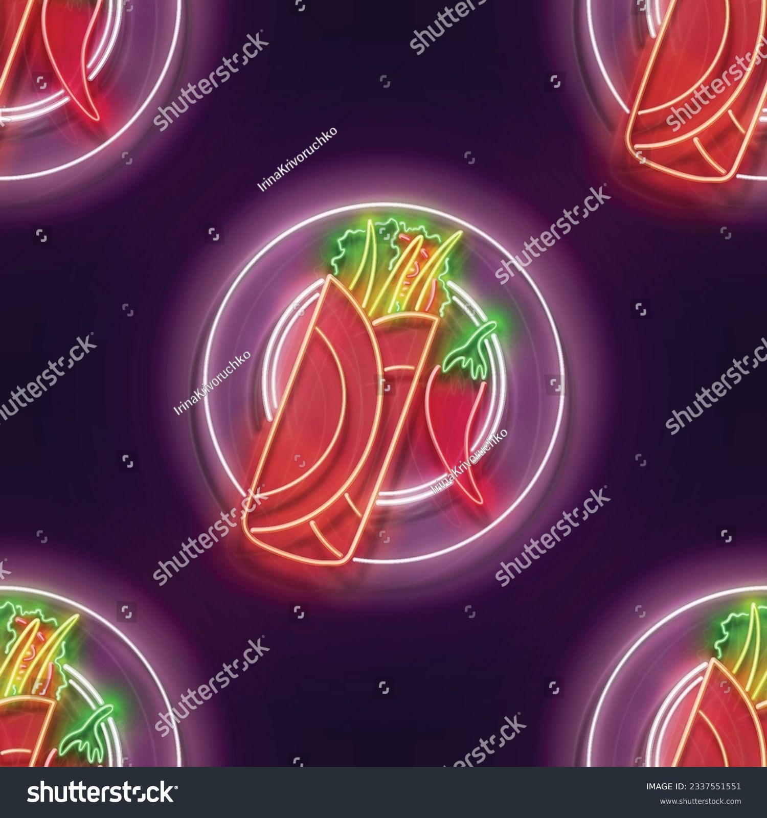 SVG of Seamless pattern with glow Mexican spicy chimichanga on the plate. Traditional ethnic food, appetizer. Neon Light Texture, Signboard. Glossy Background. Vector 3d Illustration svg