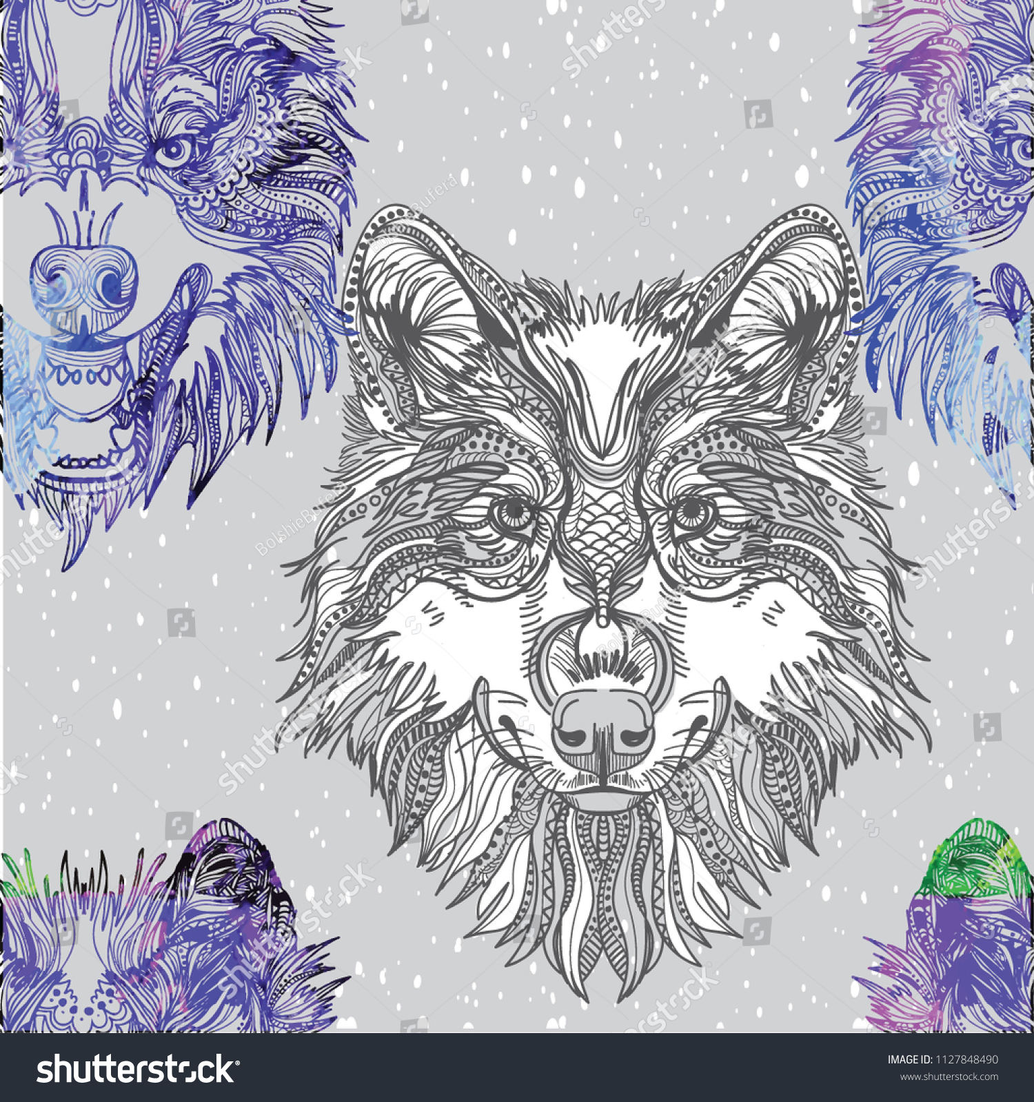 SVG of Seamless pattern with grasping wolves. The male pattern. Predator, aggression. Doodling, mandala pattern. Drawing by hand. Stylish background. svg