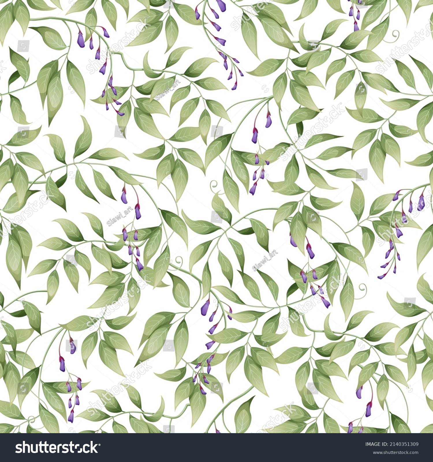 SVG of Seamless pattern with green leaves and small purple wisteria flowers on a white background. Great for textile, fabric, wrapping paper, wallpaper. svg
