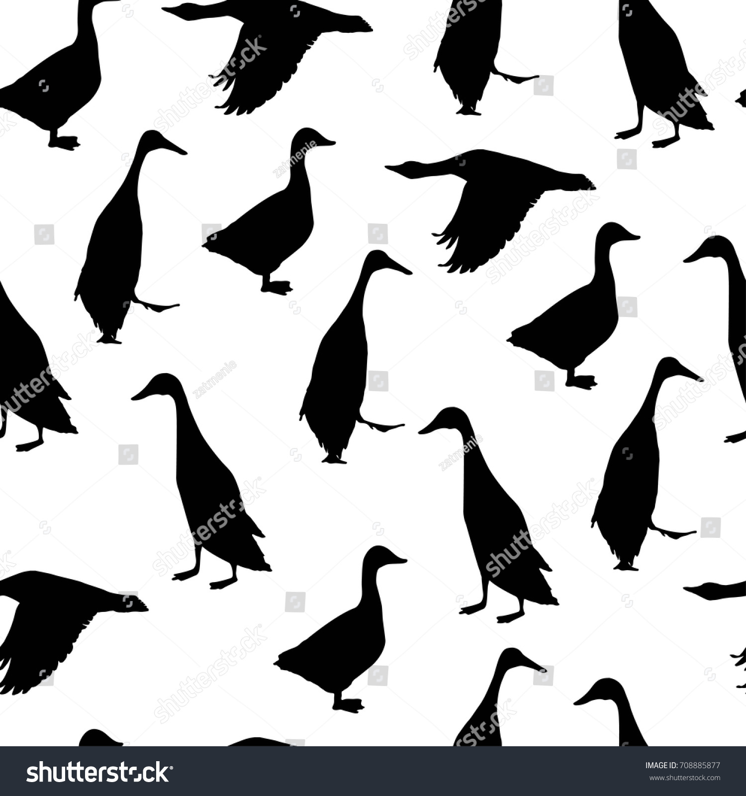 SVG of Seamless pattern with grey goose and Indian Runner duck. Stylized black silhouettes. svg