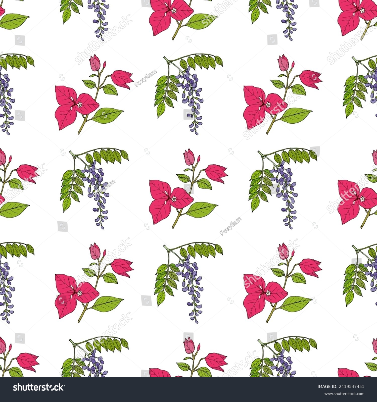 SVG of Seamless pattern with hand drawn bougainvillea and chinese wisteria (wisteria sinensis), medicinal and ornamental plant. Vector illustration svg