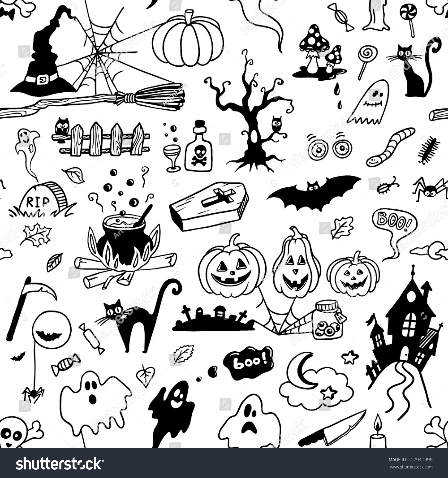 Seamless Pattern Handdrawn Halloween Doodles Stock Vector 207940996 ...