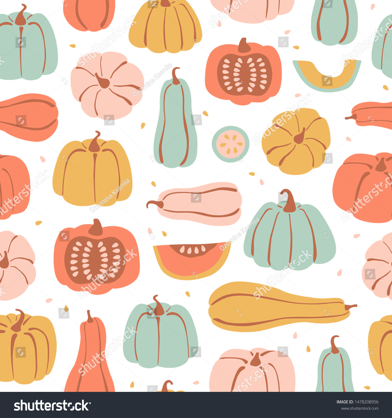 Seamless Pattern Hand Drawn Pumpkin Cartoon Stock Vector (Royalty Free ...