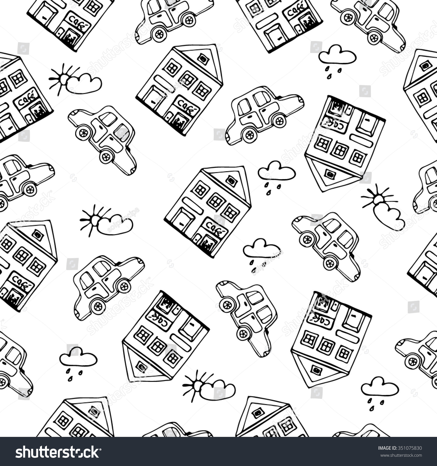 Seamless pattern with hand drawn sketch of detached french house with big windows and cartoon car