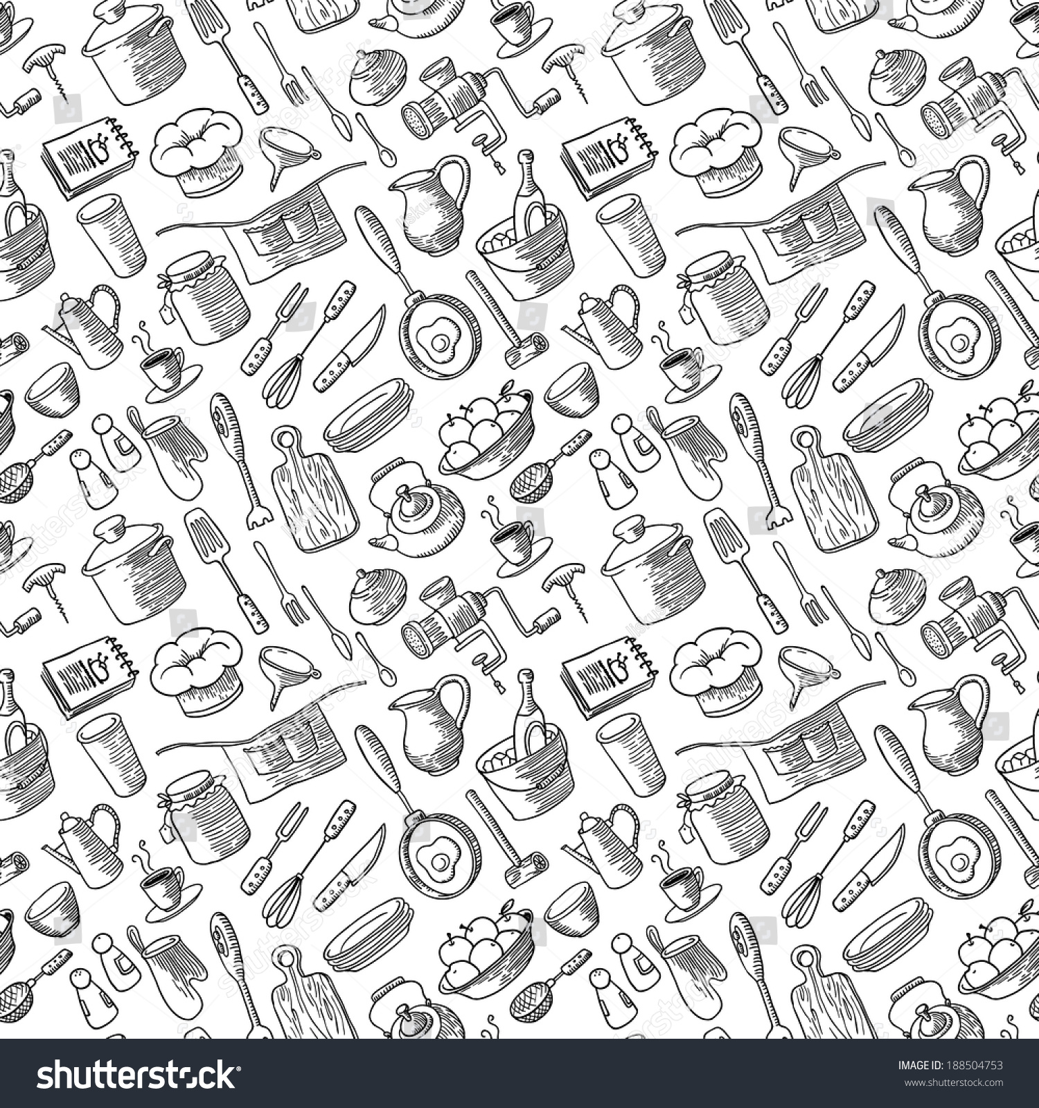 Seamless Pattern With Kitchen Doodles Set Stock Vector Illustration ...