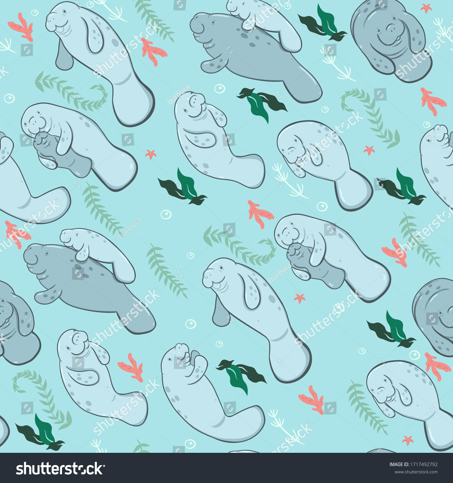 SVG of Seamless pattern with manatees and algae. Vector graphics. svg