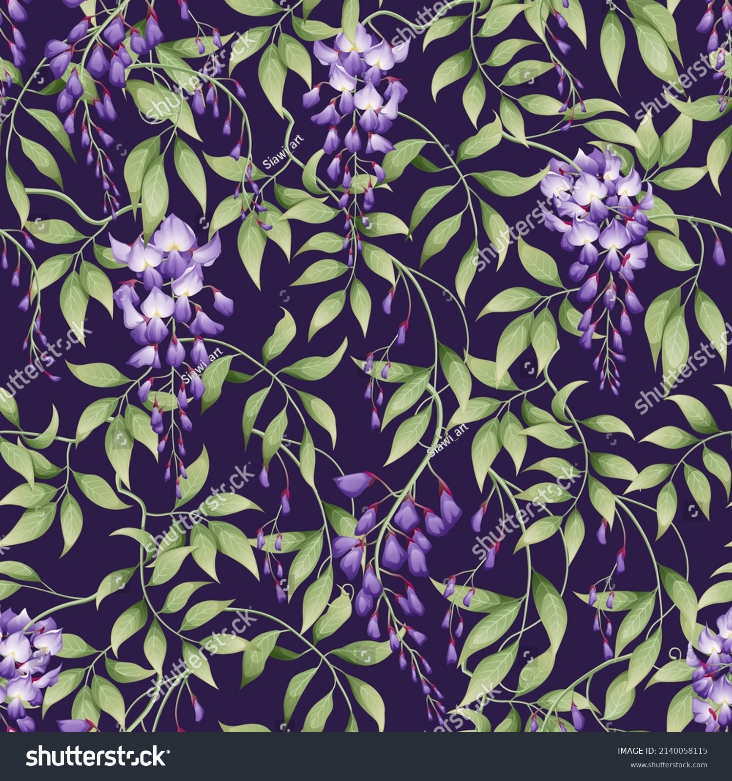 SVG of Seamless pattern with purple wisteria and green leaves on a dark background. Great for textile, fabric, wrapping paper, wallpaper. svg