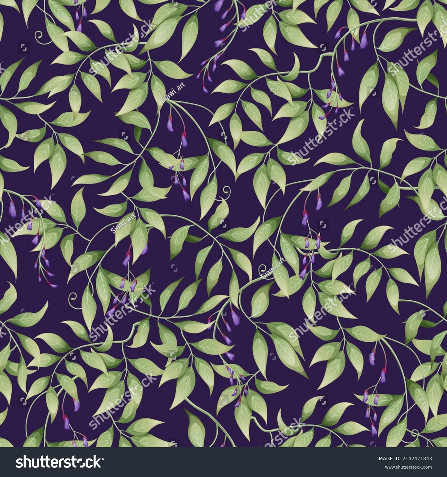 SVG of Seamless pattern with purple wisteria and green leaves on a dark background. Great for textile, fabric, wrapping paper, wallpaper. svg