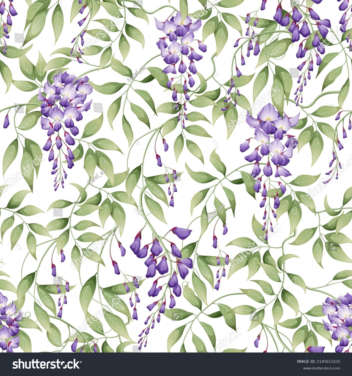 SVG of Seamless pattern with purple wisteria and green leaves on a white background. Great for textile, fabric, wrapping paper, wallpaper. svg