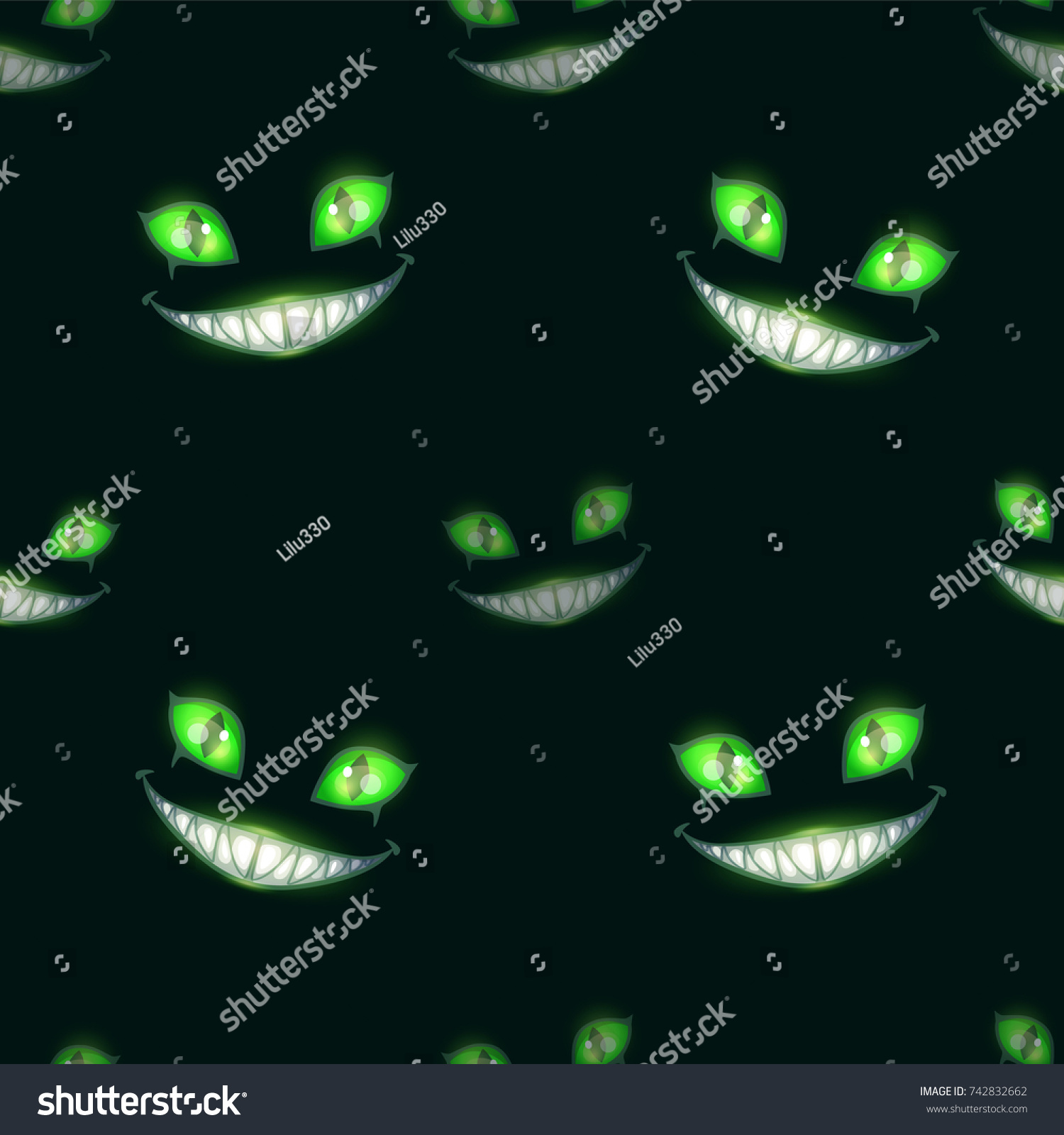 SVG of Seamless pattern with scary monster faces on black background. Green eyes and big evil smile. svg