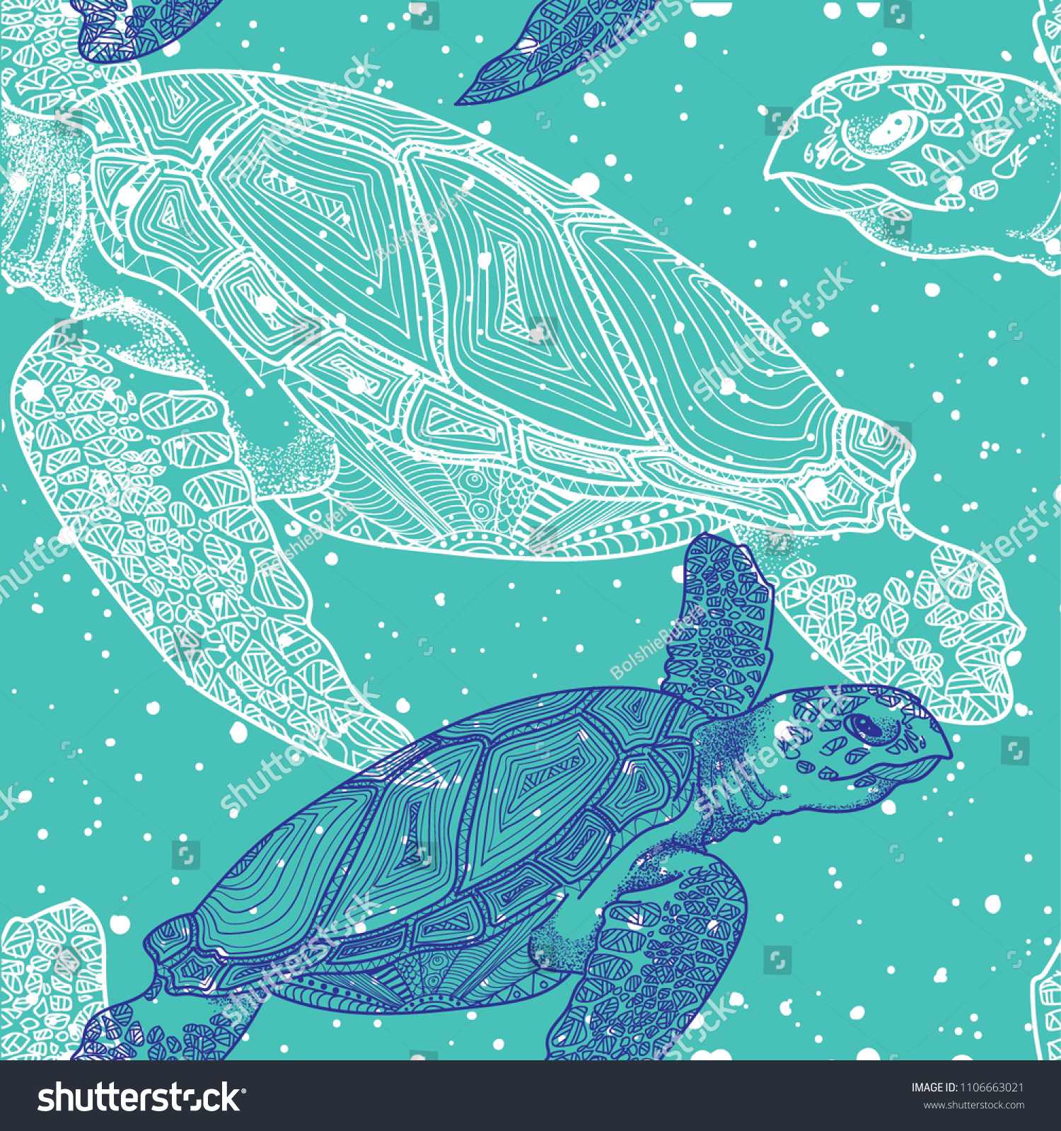 SVG of Seamless pattern with sea turtles. Marine life. Doodling, mandala pattern. Drawing by hand. Stylish background. svg