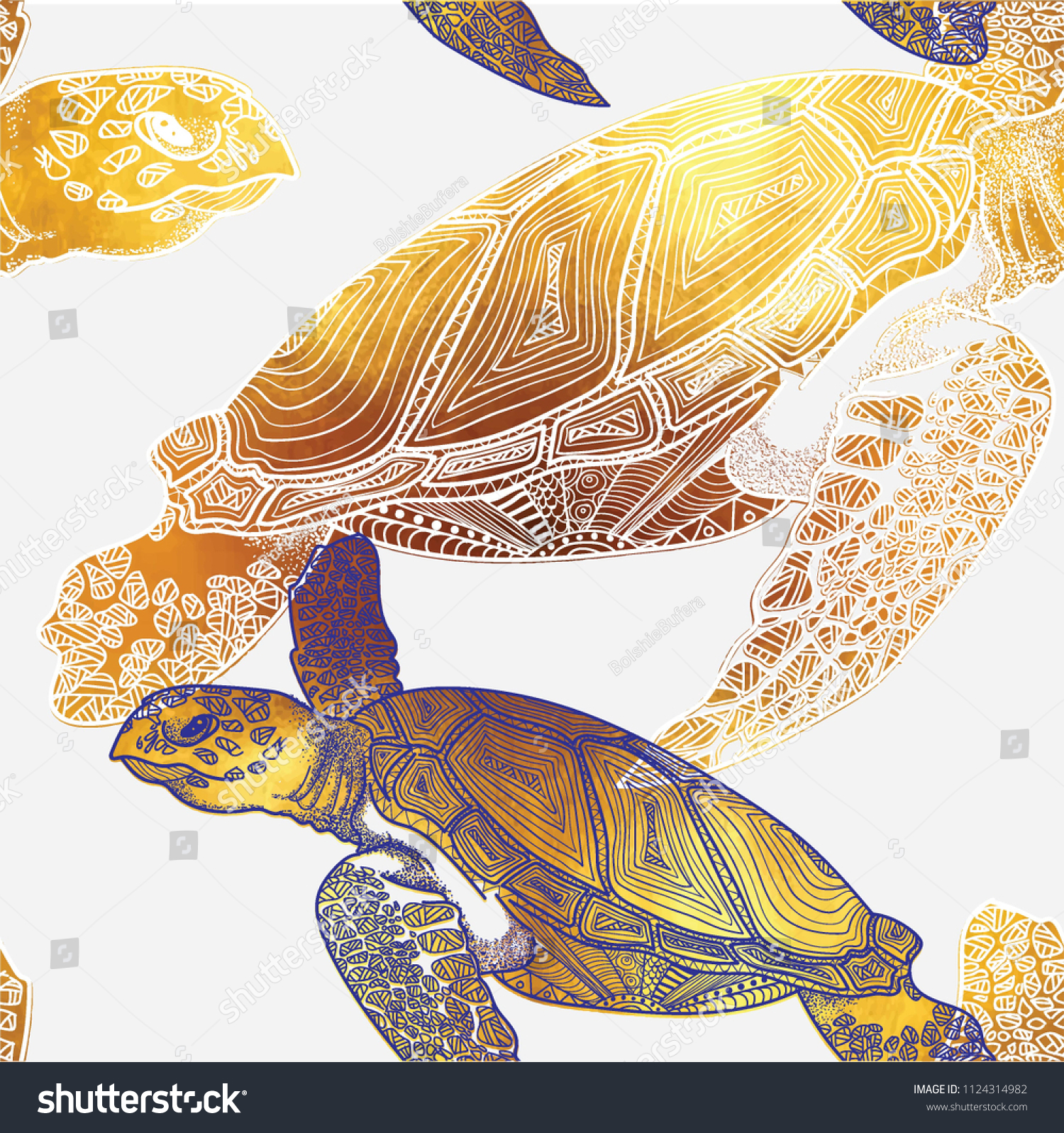 SVG of seamless pattern with sea turtles. Marine life. Doodling, mandala pattern. Drawing by hand. Stylish background. svg