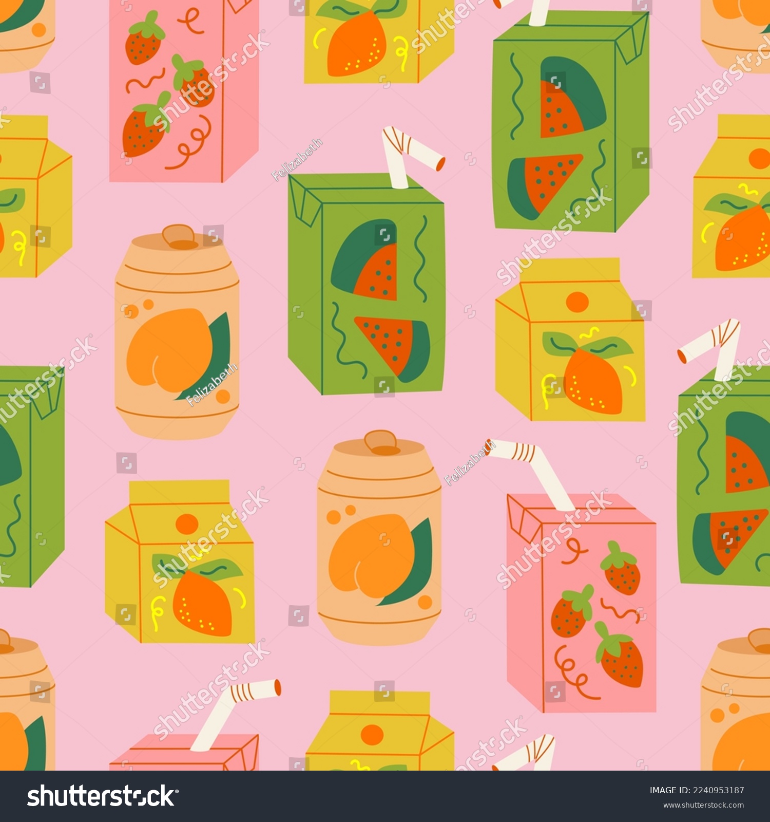 SVG of Seamless pattern with various asian drinks with different fruit flavors. Packets of juice, soda cans and milk boxes. Cute vector flat background svg