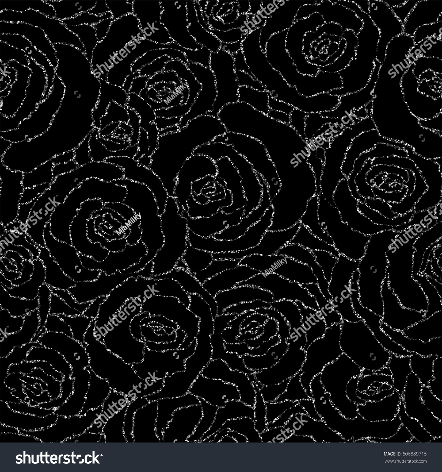 SVG of Seamless pattern with vector silver glitter roses. Vector illustration of a silhouette of a flower, consisting of sequins or glitter. Glittering decoration background, glamour shiny texture svg