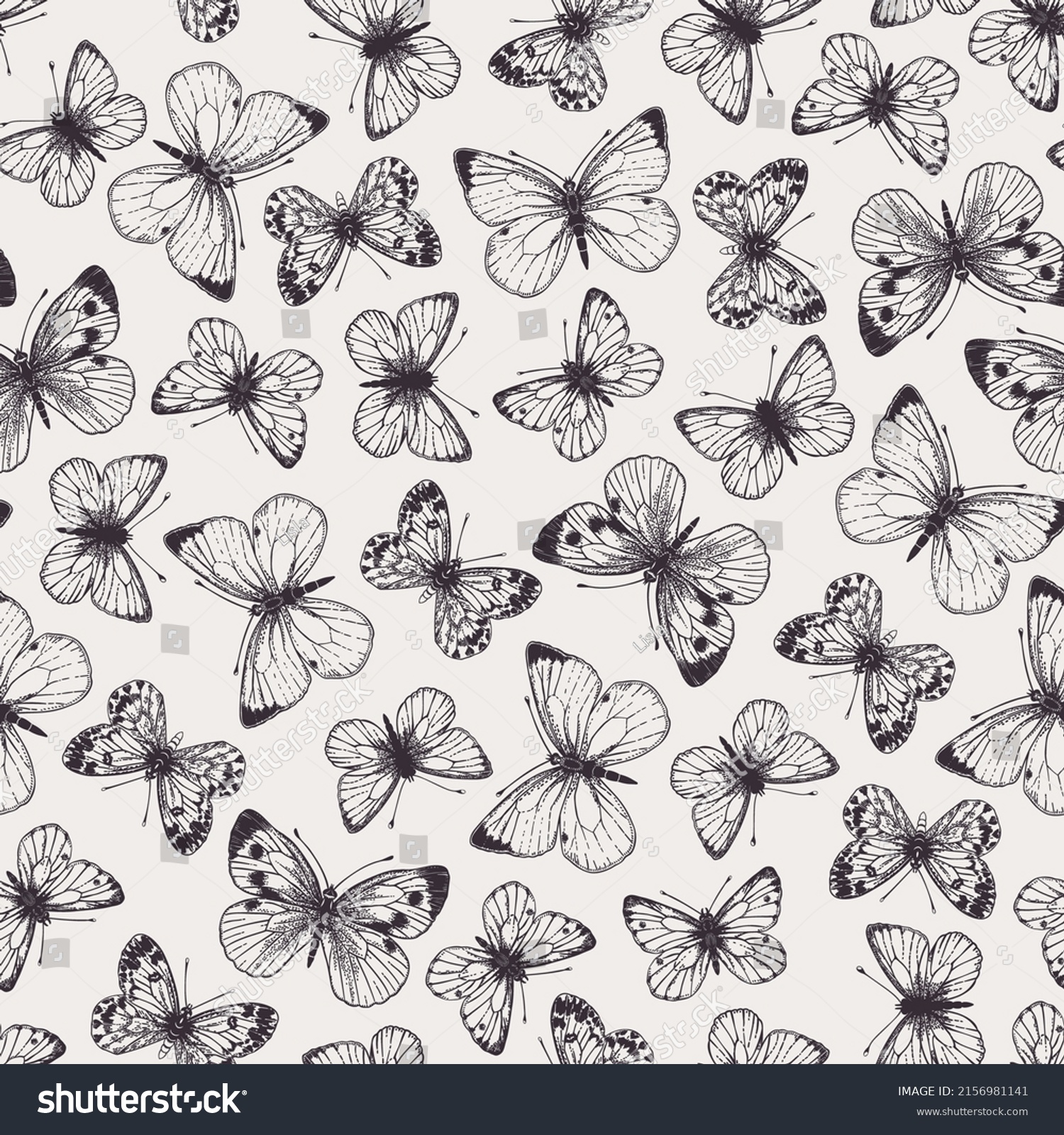 Seamless Pattern White Butterflies Vector Botanical Stock Vector