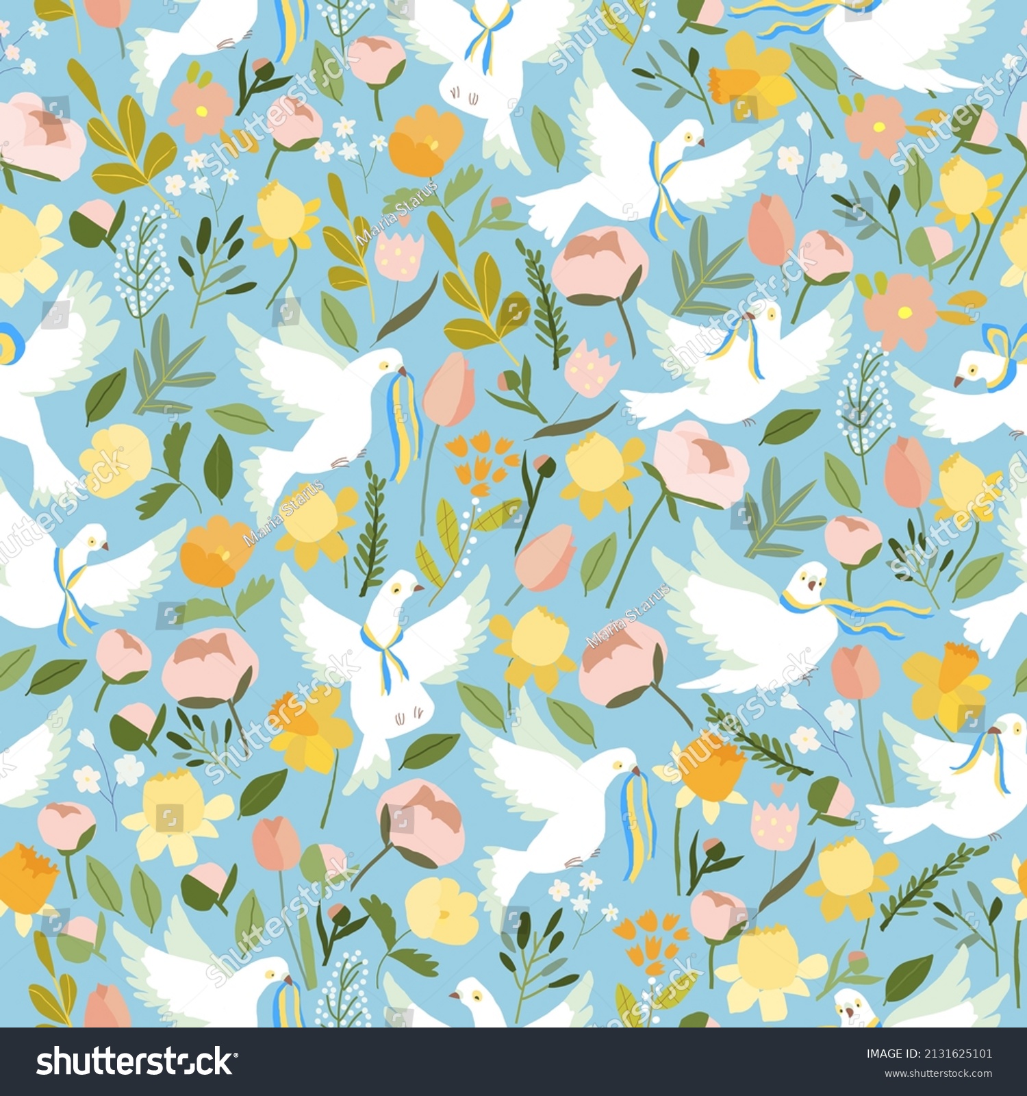 Seamless Pattern White Doves Peace Flowers Stock Vector Royalty Free 2131625101 Shutterstock 