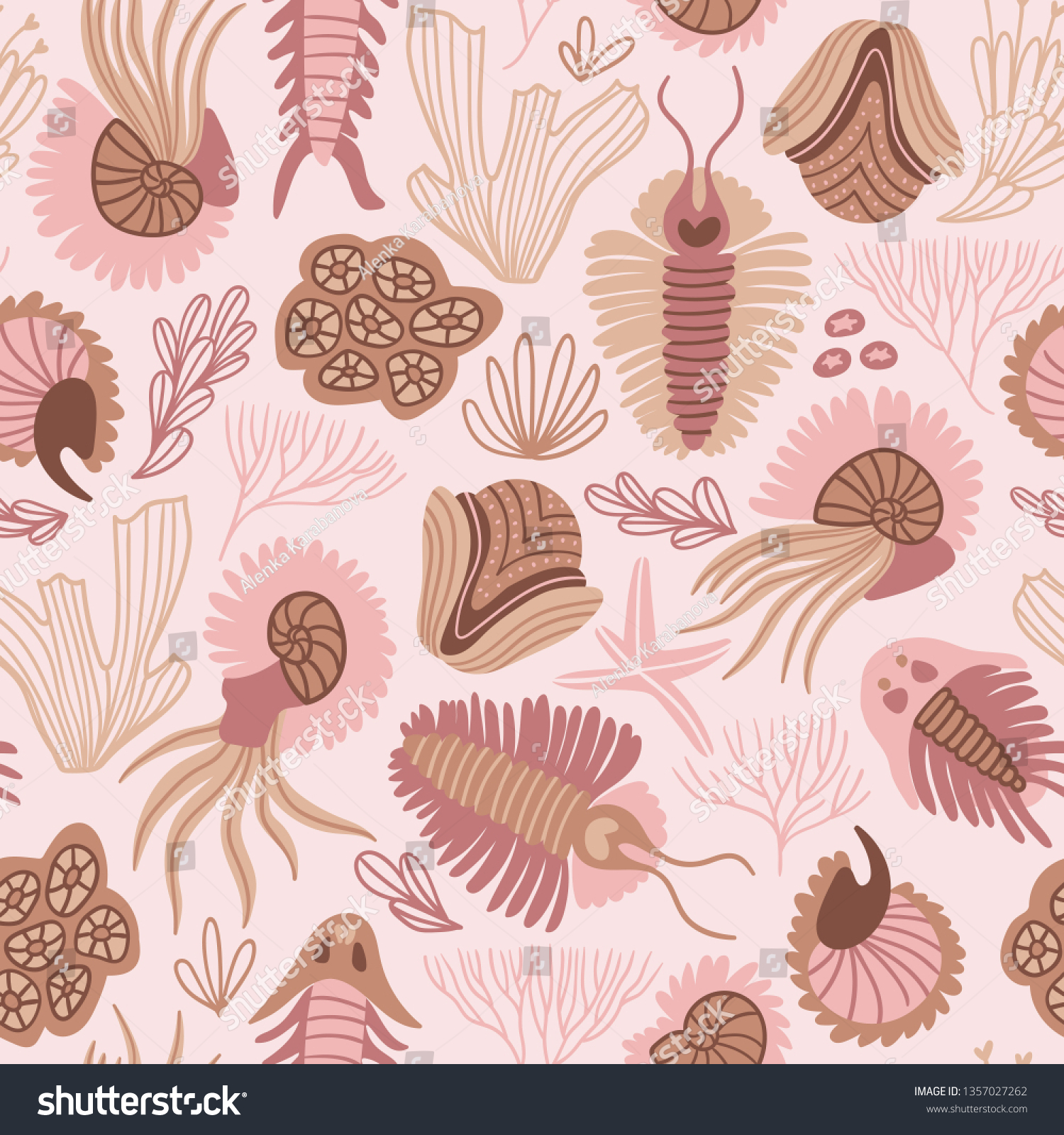 SVG of Seamless patterns design for fabric or wrap paper. Chambered Nautilus (Nautilus Pompilius) and other shells isolated on pink background. Pearly shell ocean mollusks.  Vector illustration. svg