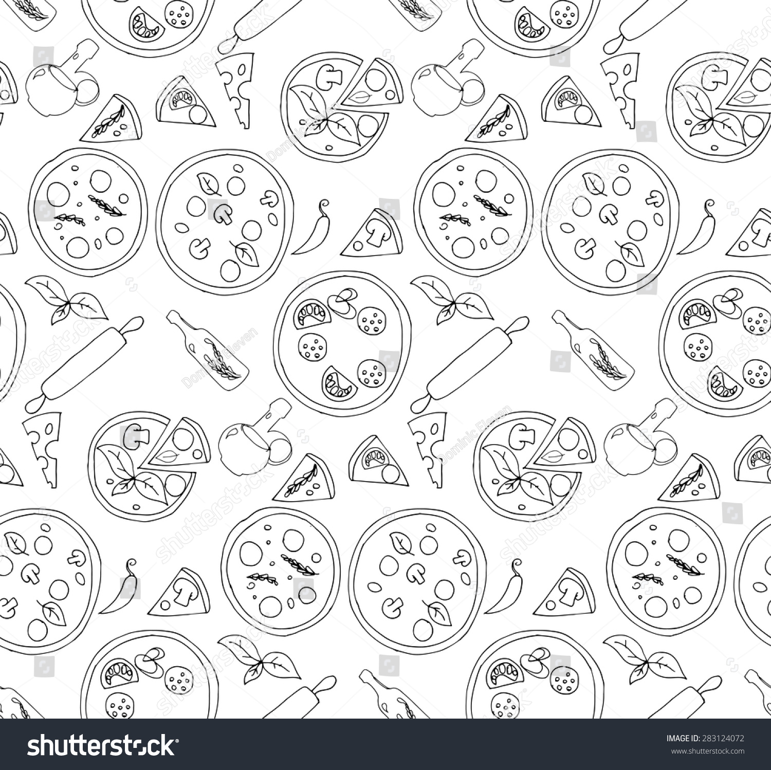 Seamless Pizza Pattern. Simple Outline Sketches Of Different Kinds Of ...