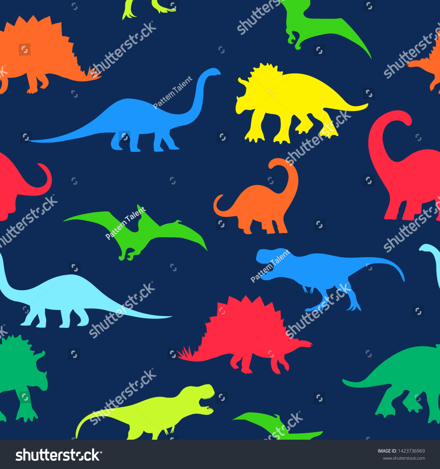 SVG of Seamless repeat pattern with colorful neon dinosaur silhouettes on a navy blue background svg