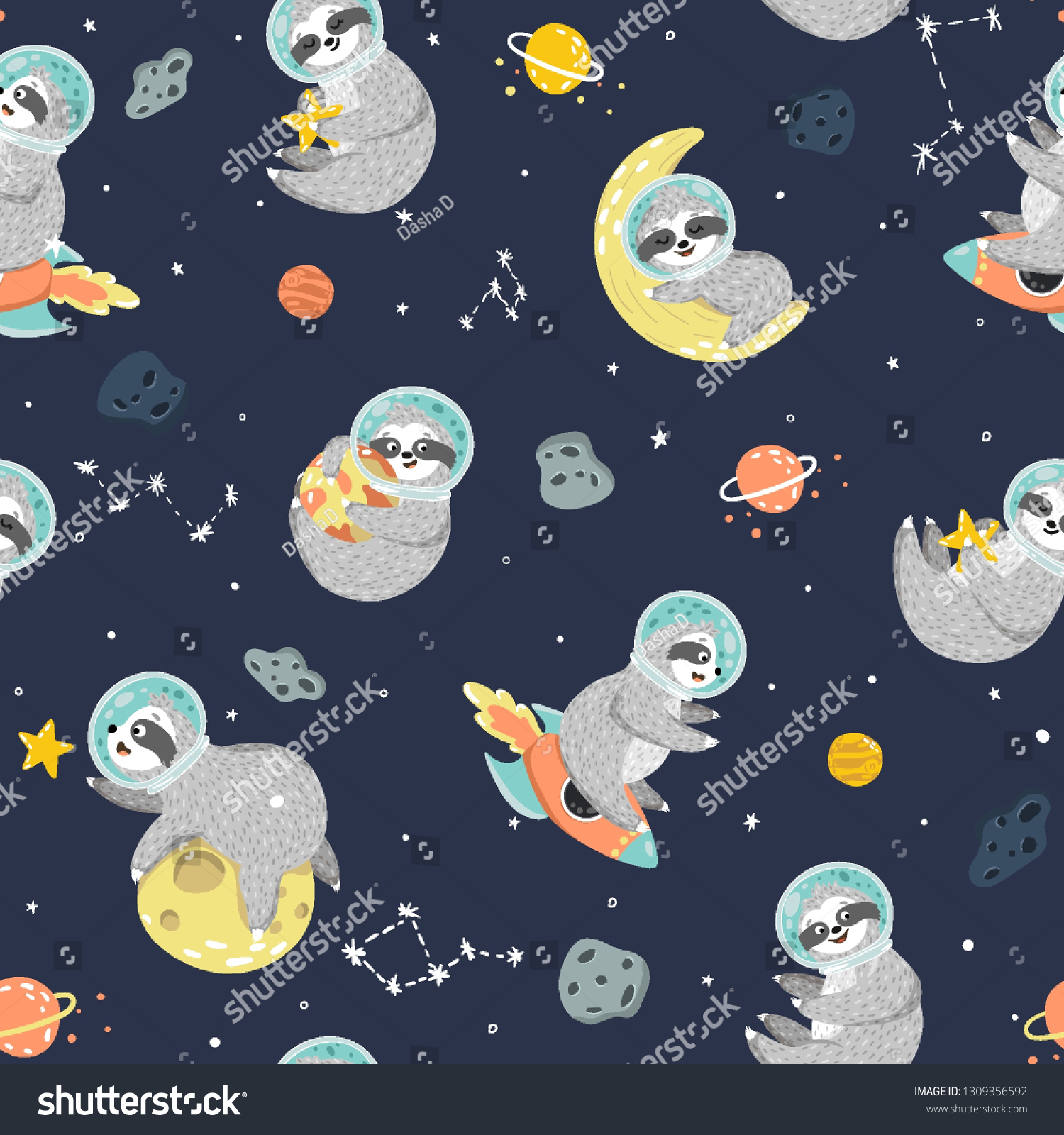 Seamless Space Pattern Funny Sloth Astronaut Stock Vector Royalty Free