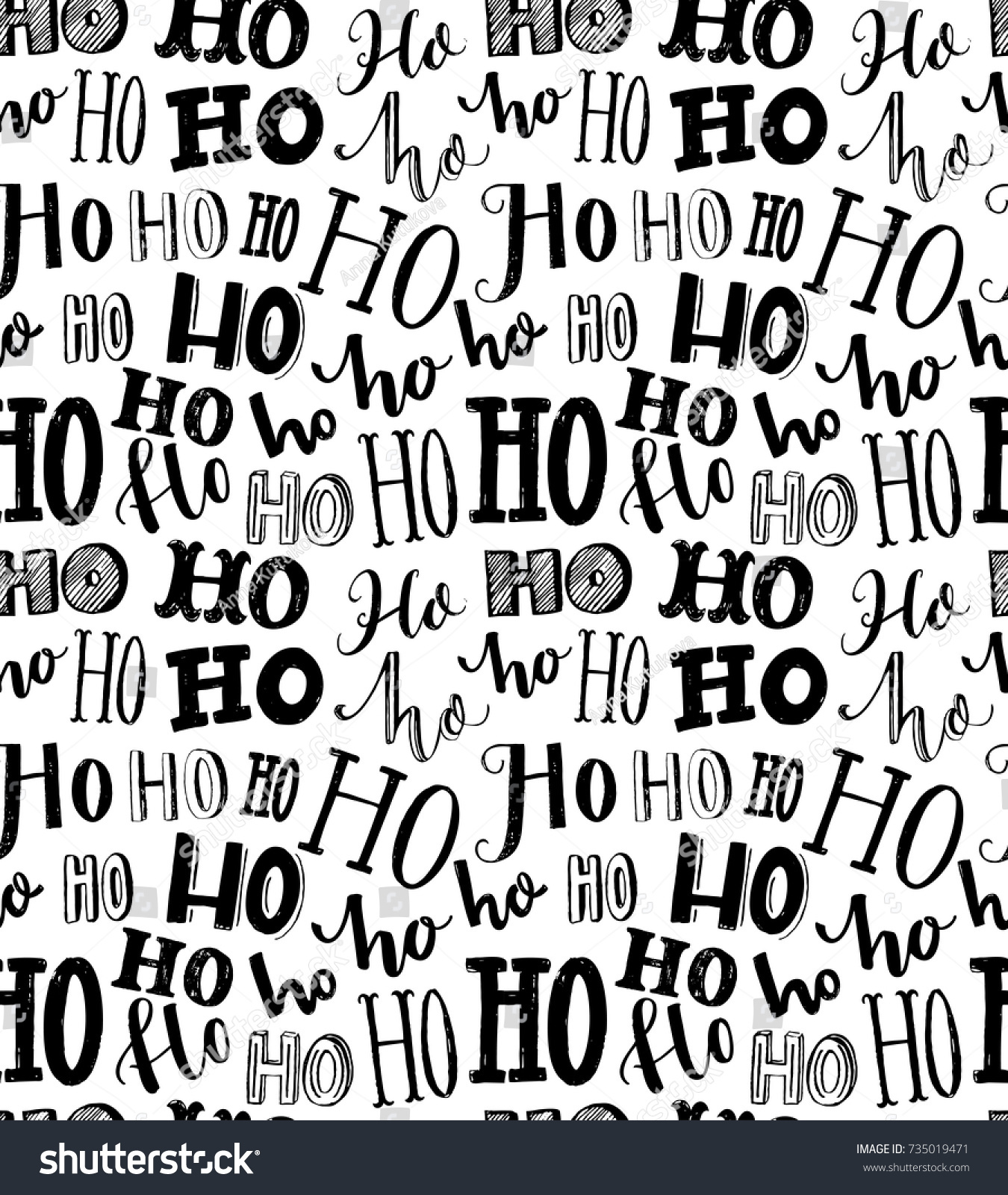 Seamless texture with repeating word Ho written in different styles of handmade typography Christmas wrapping