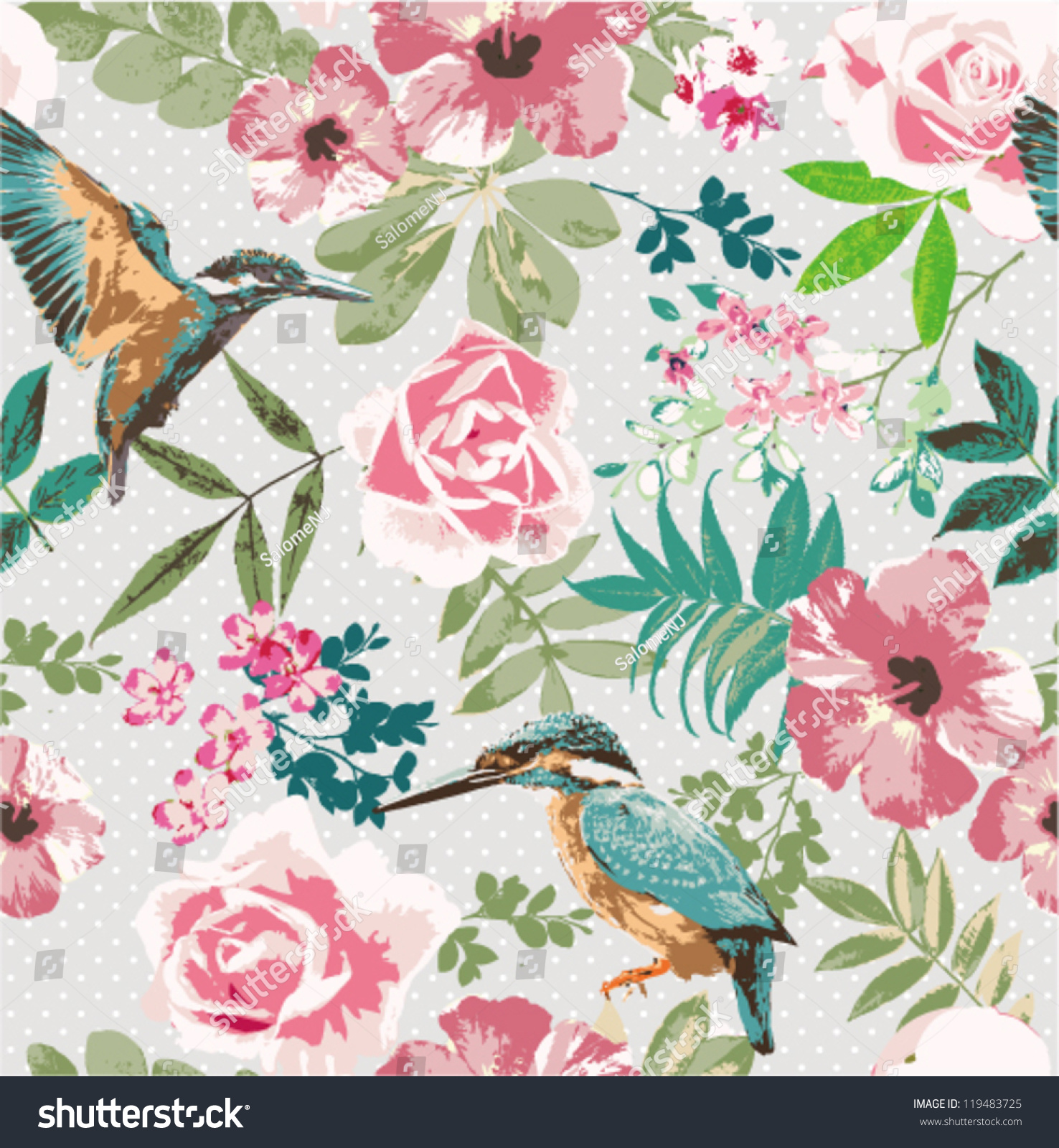 Seamless Tropical Floral Birds On Dot Stock Vector 119483725 - Shutterstock
