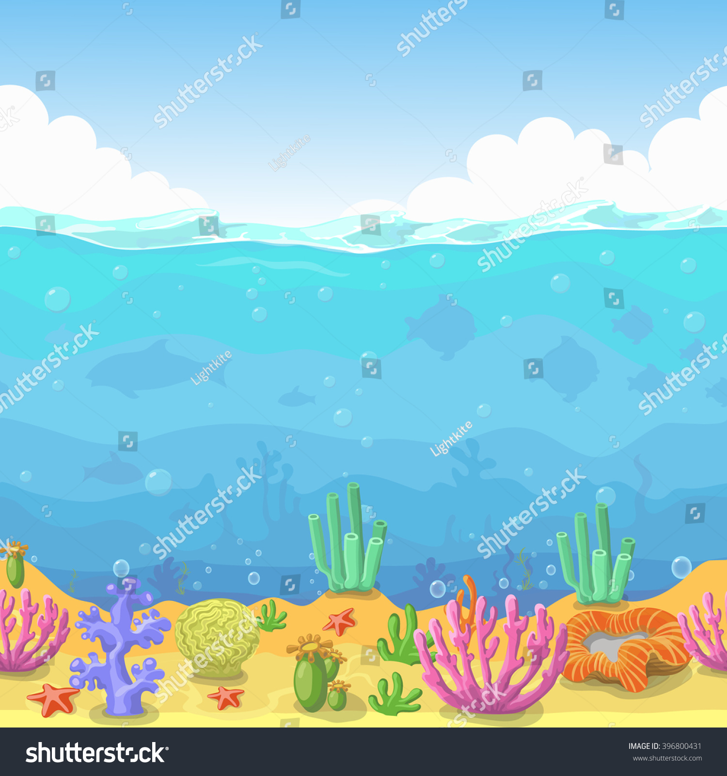 Seamless Underwater Landscape In Cartoon Style. Fish And Coral. Vector ...