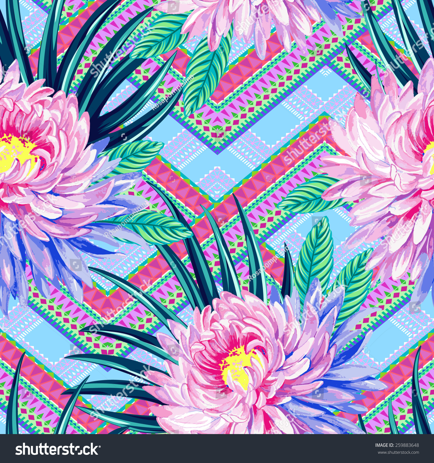 Seamless Vector Aztec Tribal Print With Exotic Flowers. Neo-Tribal ...