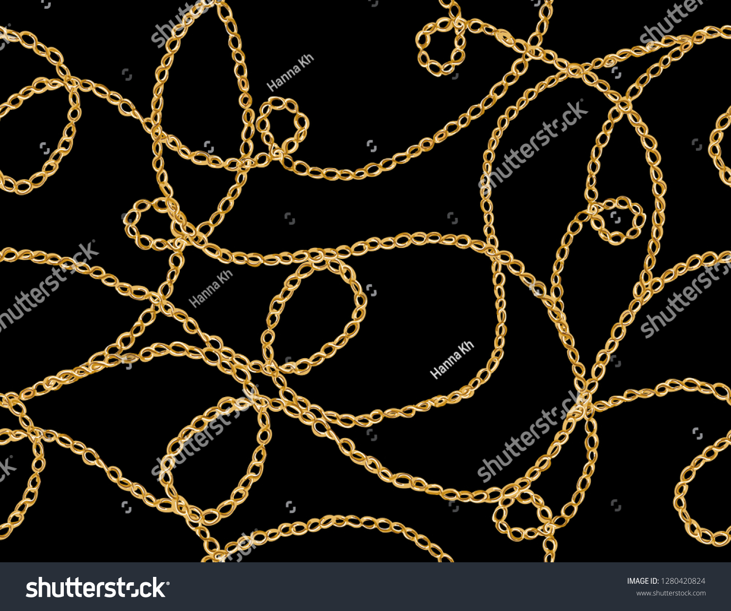 手描きのチェーンの付いたシームレスなベクター画像花柄の背景 壁紙 ウェブページの背景 表面のテクスチャー 繊維に最適 黒い背景に分離型 のベクター画像素材 ロイヤリティフリー