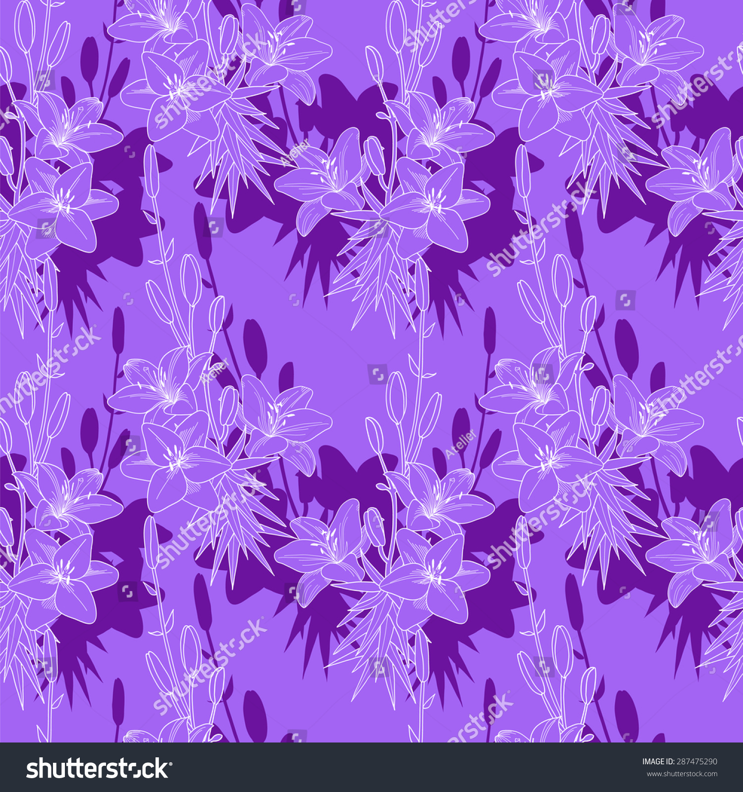 Seamless Vector Floral Pattern Texture With Lilies On Purple Background ...