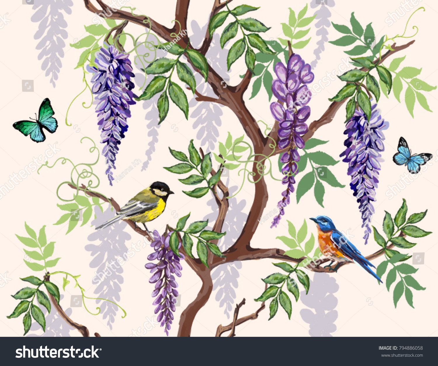 SVG of Seamless vector floral summer pattern background with tropical japanese flowers, birds, butterflies, wisteria. Perfect for wallpapers, web page backgrounds, surface textures, textile. svg