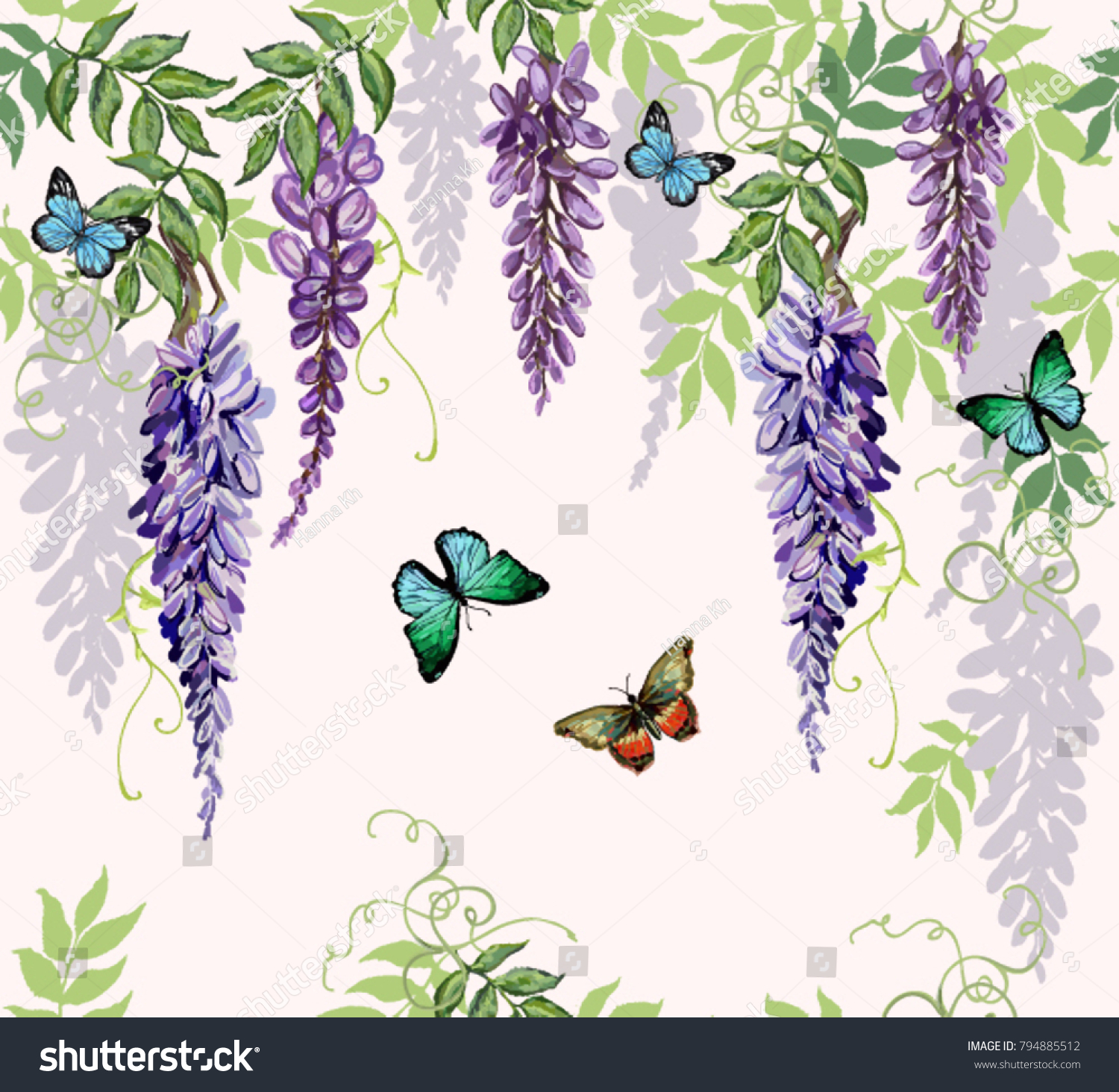 SVG of Seamless vector floral summer pattern background with tropical japanese flowers,  butterflies, wisteria. Perfect for wallpapers, web page backgrounds, surface textures, textile. svg