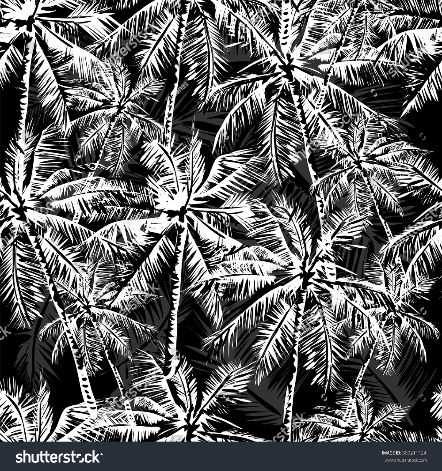 Seamless Vector Monochrome Tropical Pattern Depicting White Palm Tree ...