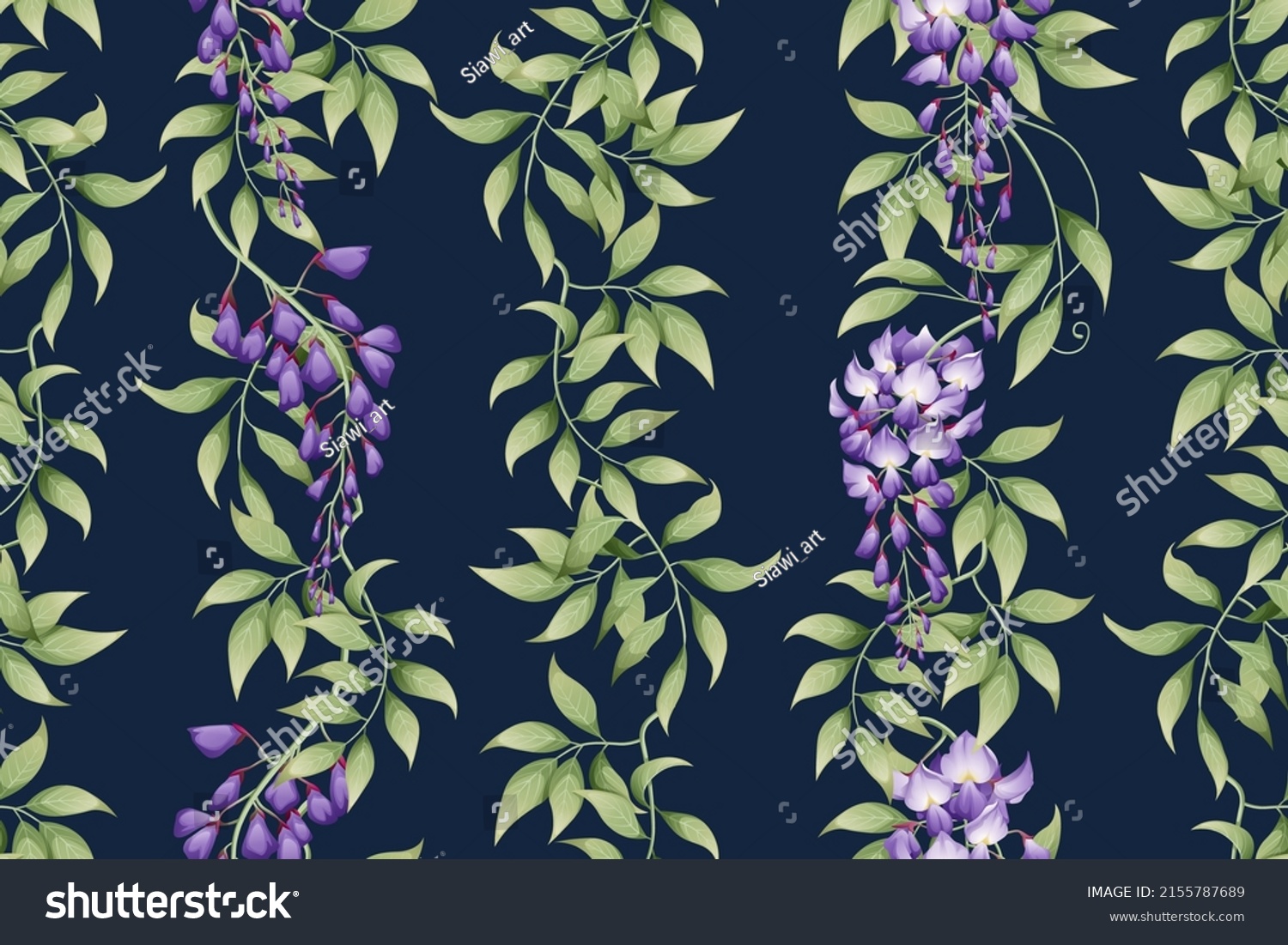 SVG of Seamless vertical pattern with purple wisteria and green leaves. Wallpaper, fabric, wrapping paper, scrapbooking paper svg
