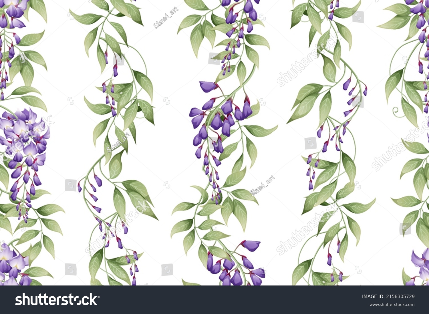 SVG of Seamless vertical pattern with purple wisteria and green leaves. Wallpaper, fabric, wrapping paper, scrapbooking paper. svg