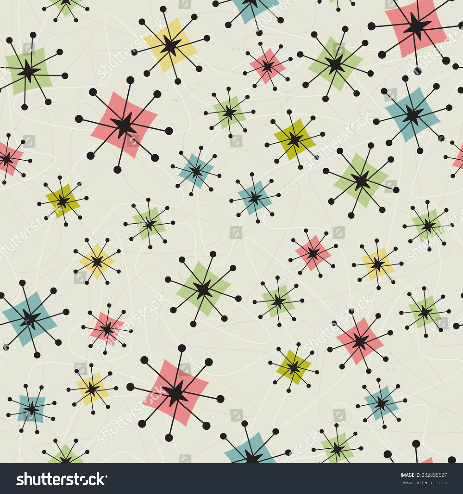 SVG of Seamless Vintage Atomic Stars Background Retro-stylized seamless atomic stars pattern on a background of boomerangs. Items are grouped so you can use them independently from the background.  svg