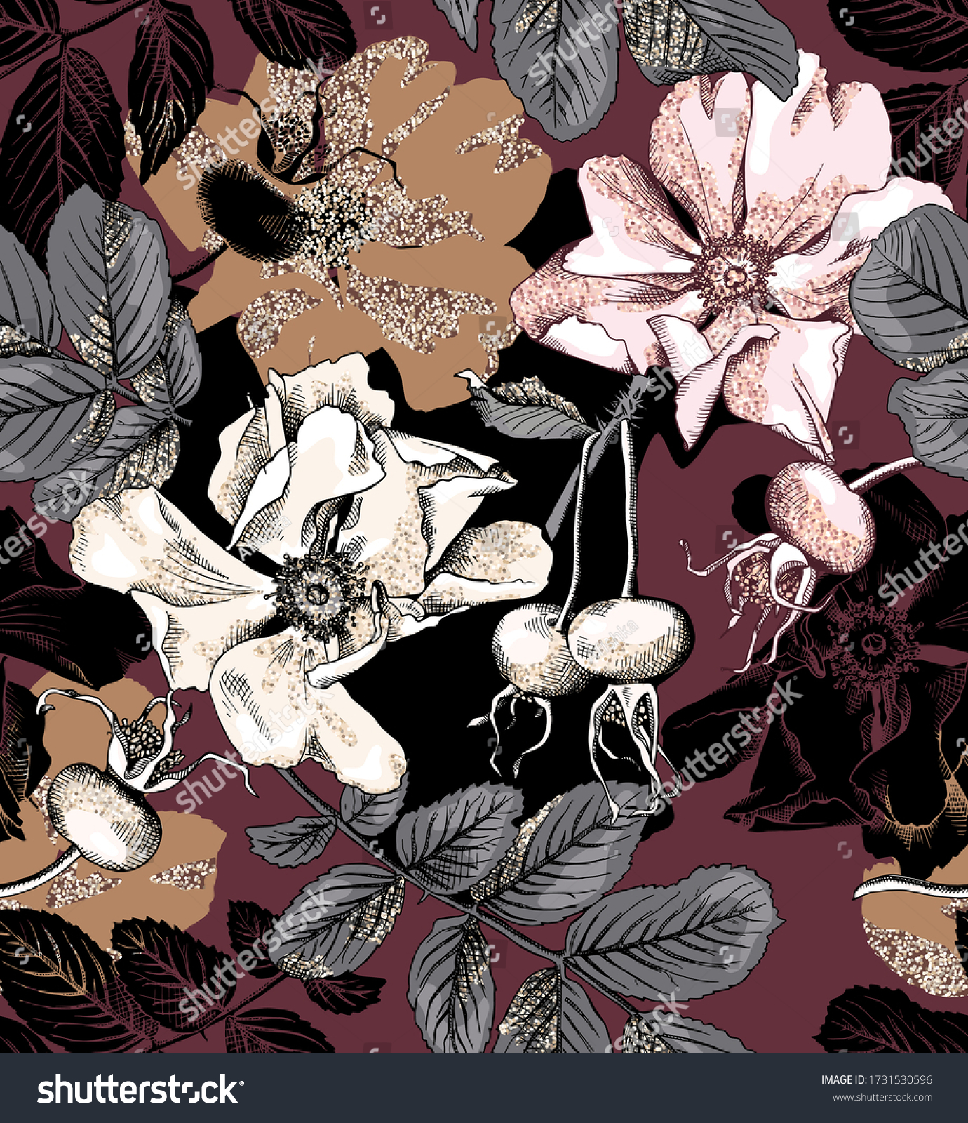SVG of Seamless wallpaper pattern. White Gold glitter Dog-rose flowers, leaves and berries on a burgundy background. Textile composition, hand drawn style print. Vector illustration. svg