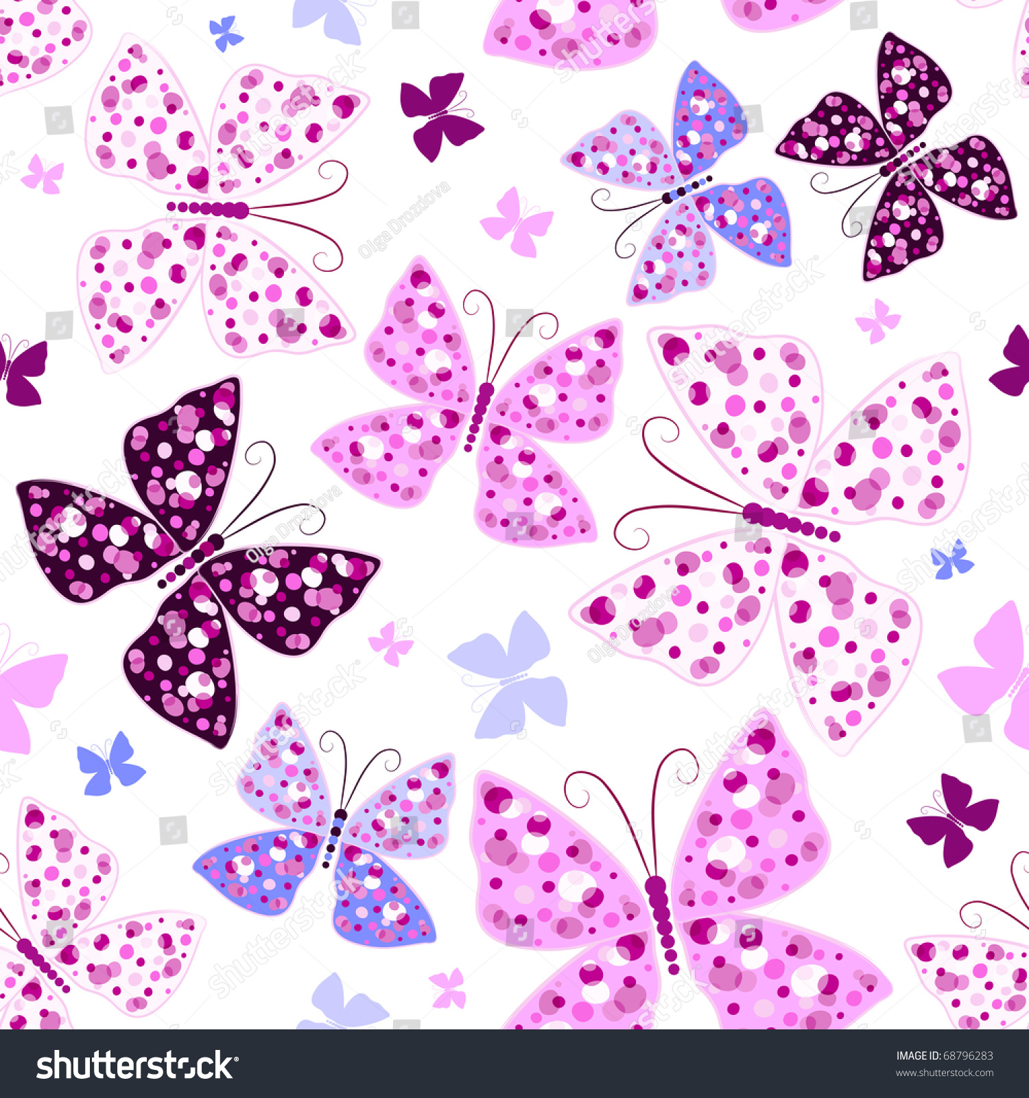 Seamless White Pattern With Pink And Violet Butterflies (Vector ...