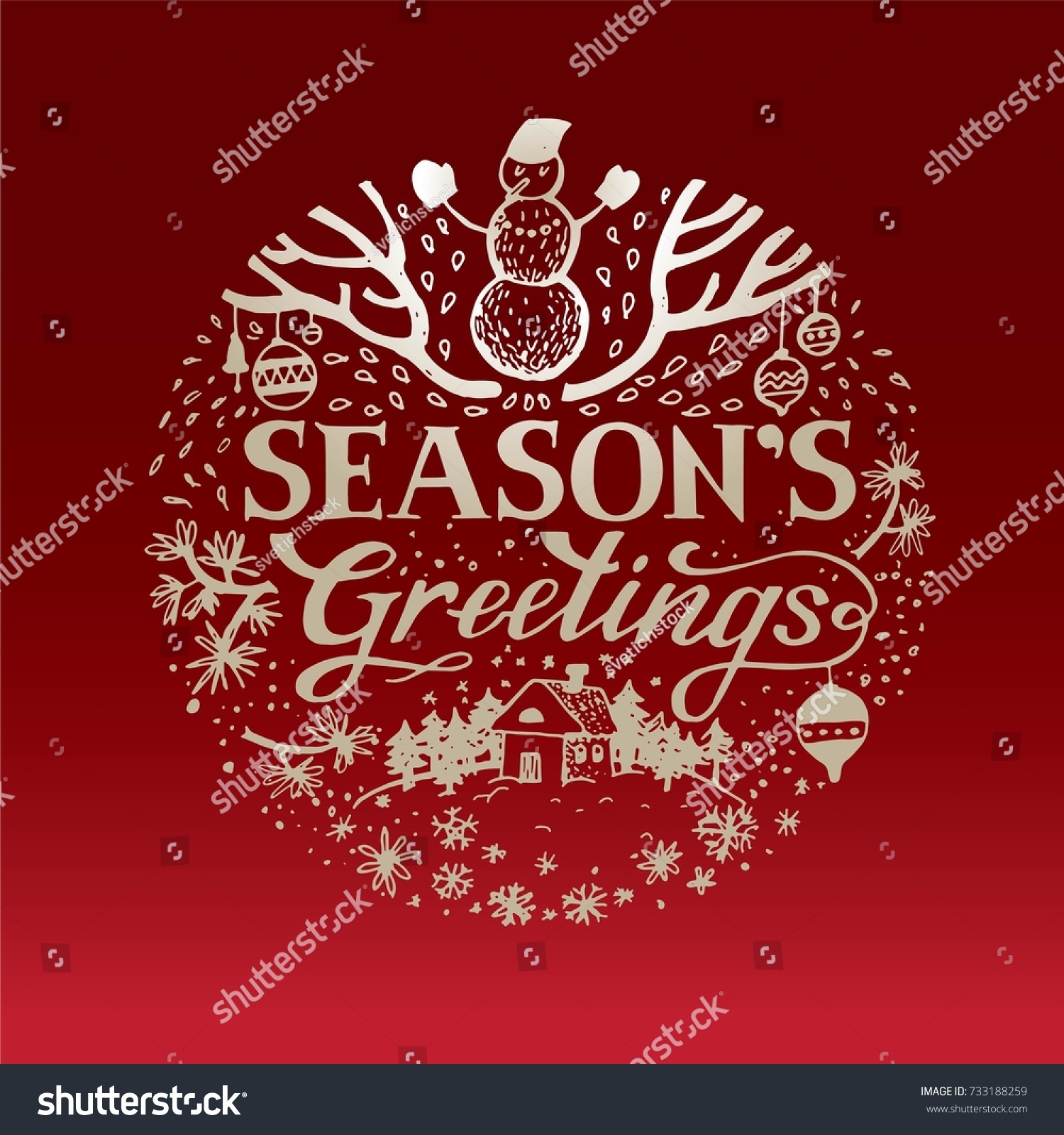 Seasons greetings Lettering and illustration for poster card or invitation House on the meadow