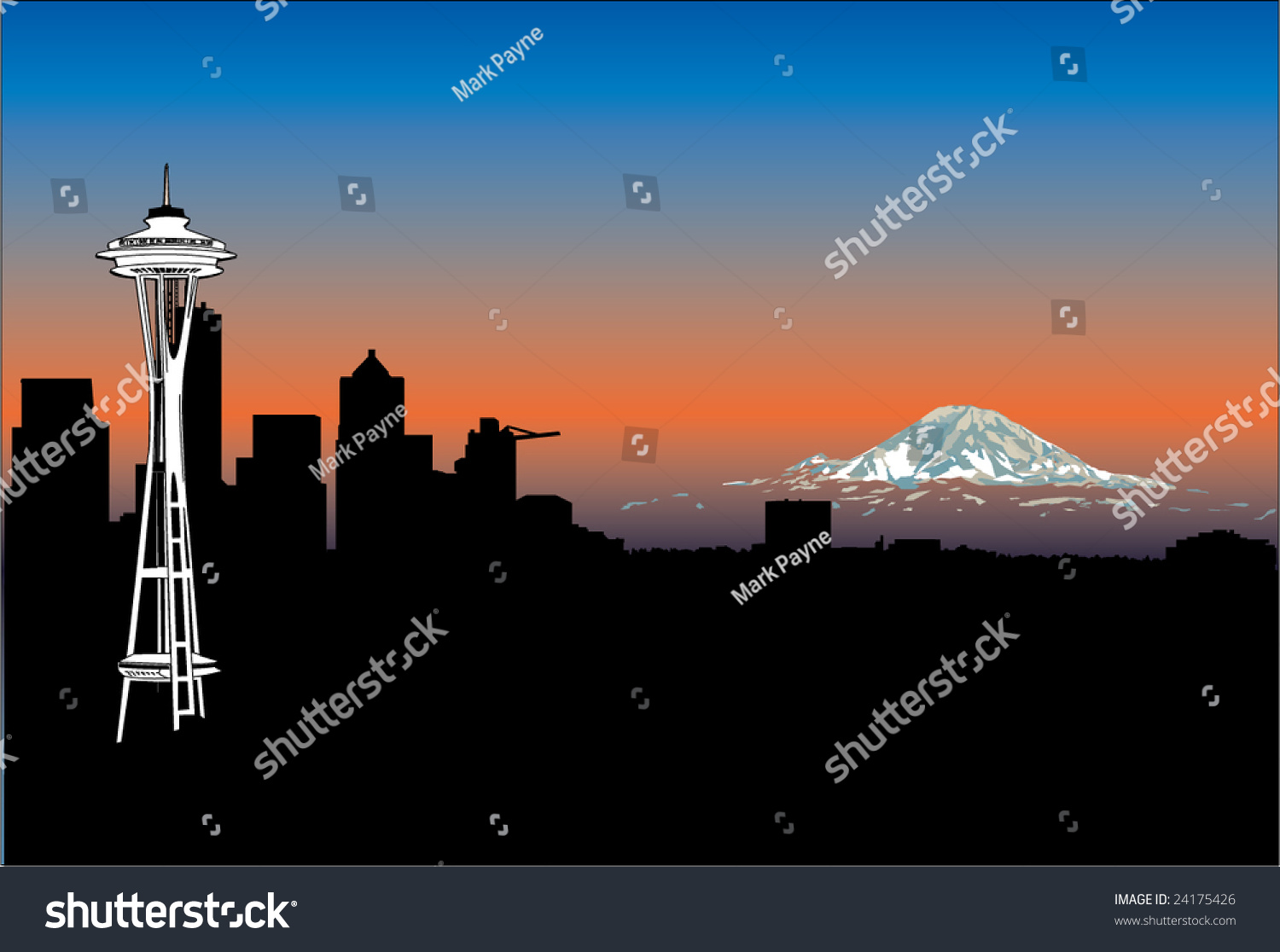 Seattle Skyline Silhouette With Space Needle And Mt. Rainier Set ...