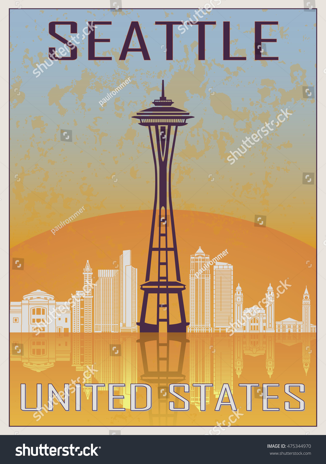 Seattle Vintage Poster Orange Blue Textured Stock Vector (Royalty Free ...