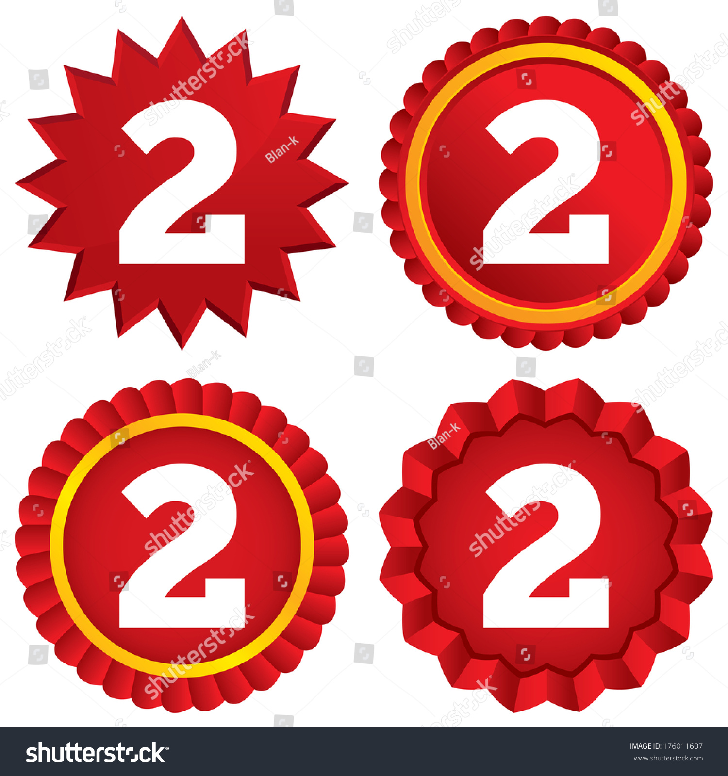 Second Place Award Sign Winner Symbol Step Two Red Stars Stickers Certificate Emblem Labels Vector