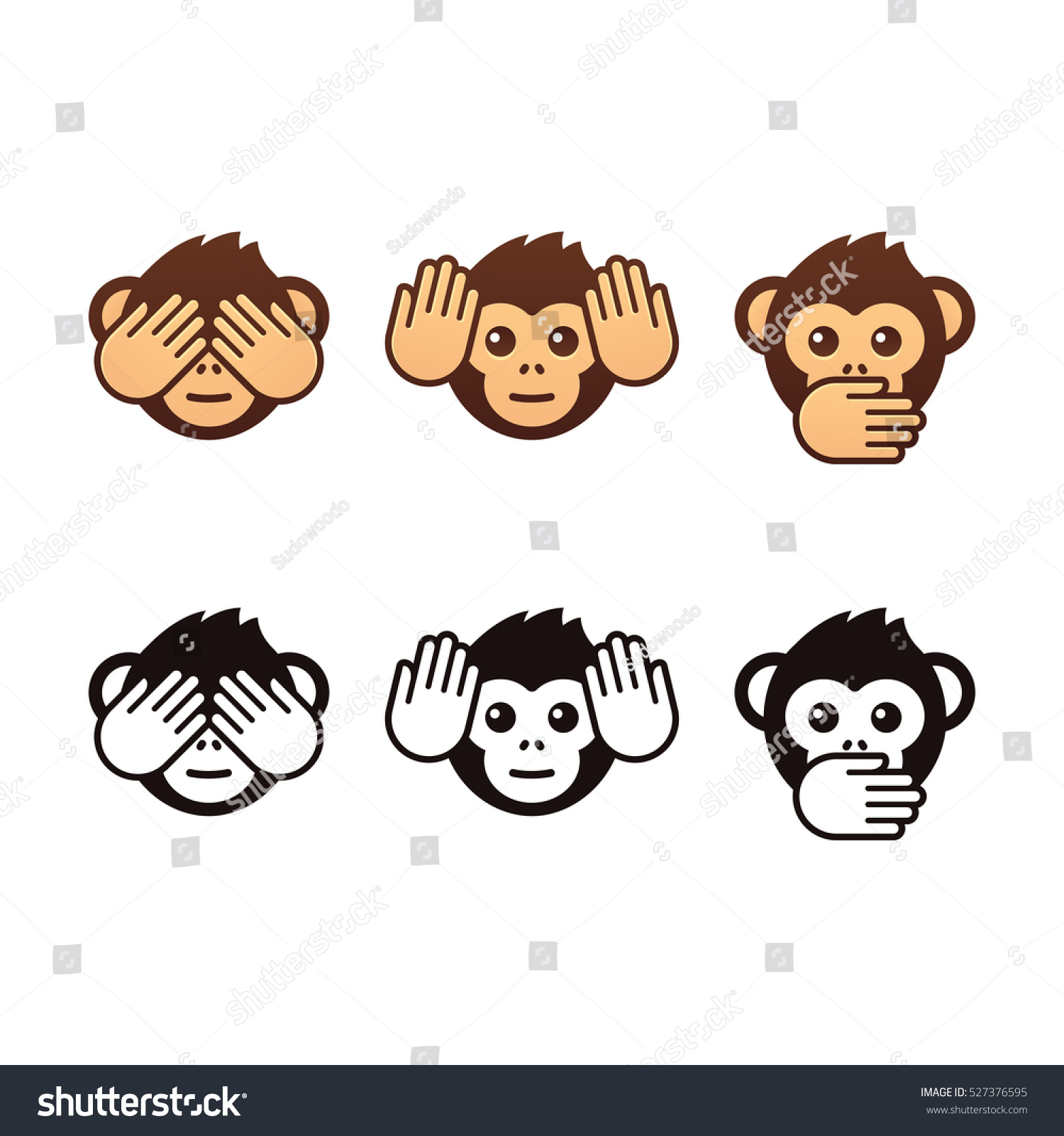 SVG of See no evil, hear no evil, speak no evil. Three wise monkeys vector icons. Color and black and white version. svg
